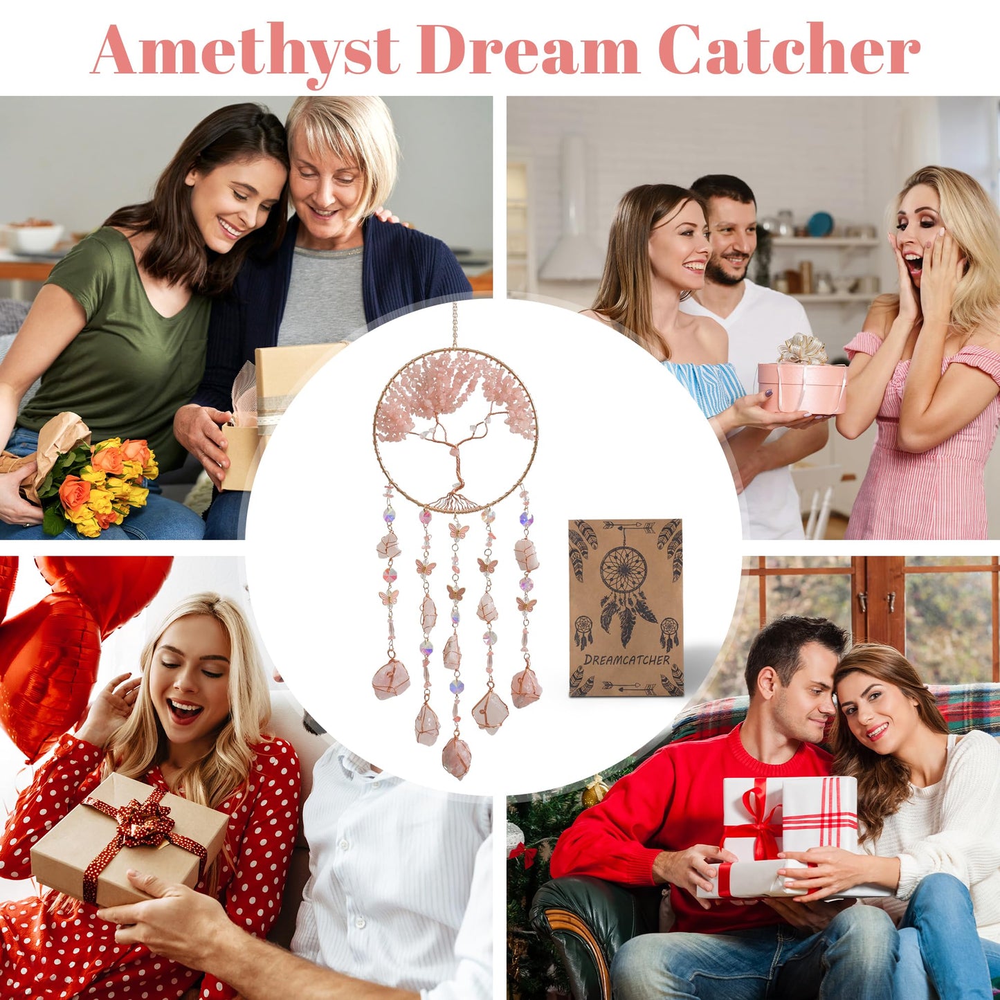 Pink Dream Catchers Crystal Tree of Life Dreamcatcher with Rose Quartz Butterfly Crystal Suncatcher for Windows Hangings Prism Decor Wall Bedroom Decoration Gifts for Boys Adults