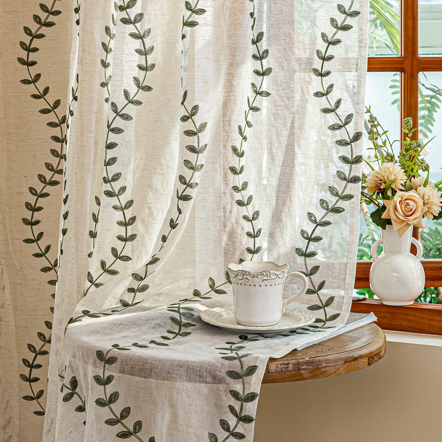 AmHoo 2 Panels Linen Leaf String Floral Embroidered Semi Sheer Curtain Farmhouse Voile Curtains for Living Room Bedroom Window Treatment Sage Green 52 x 63 Inch