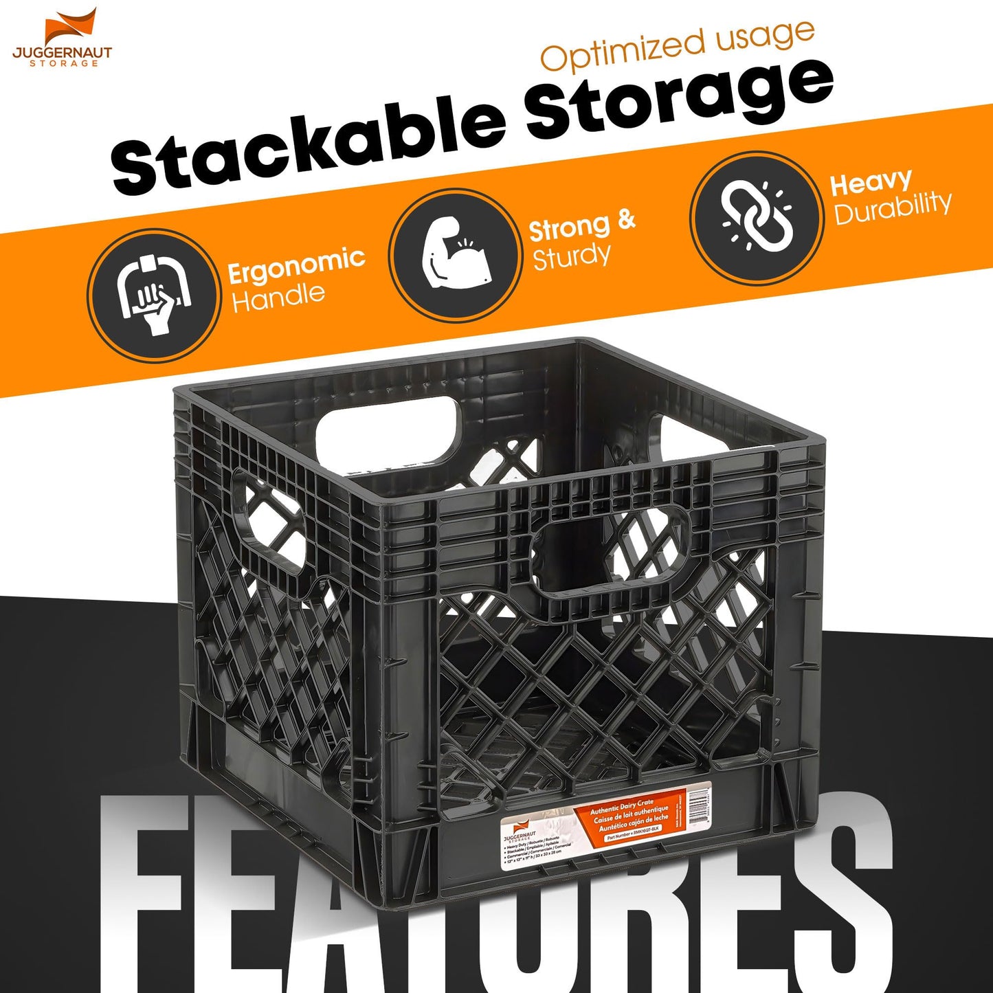 Juggernaut Storage 2-Pack Stackable Heavy Duty Milk Crates with Handles, 16 Qt, Black - Organizing Plastic Crate Basket for Grocery Shopping, Home Supplies, and Bathroom Accessories