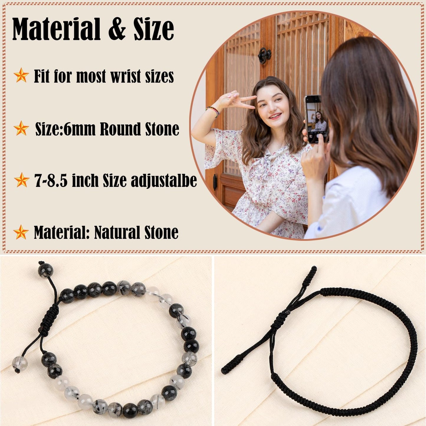 LPBeads 6mm Black Rutilated Bracelet with Handmade Rope Bracelet Size Adjustable Natural Stone Crystal Healing Bracelets Gifts for Unisex Adults