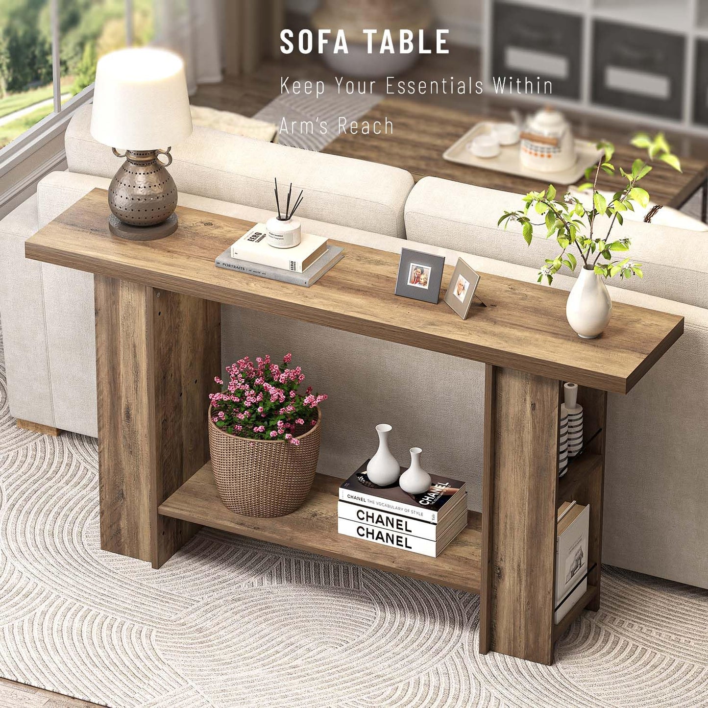 FOLUBAN 53 Inch Long Entryway Table, 2-Tier Wood Console Table with Storage Side Shelves, Farmhouse Sofa Table for Living Room, Narrow Hallway Foyer Table Behind Couch for Home Decor, Rustic Oak