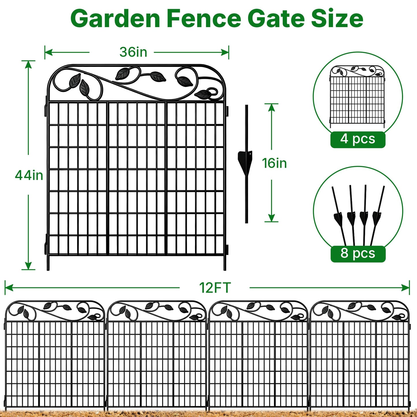 AMAGABELI 4 Panels 44 in(H )X 12 ft(L) Decorative Garden Fence Gate,Dog Fence Outdoor for Yard,Rustproof Tall Garden Fencing Animal Barrier Metal Wire Panel Border with Leaves for Flower Bed Black