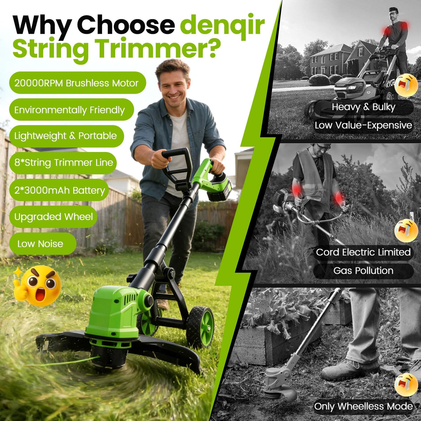 14" Electric String Trimmer Cordless Battery Powered Weed Eater with Wheel, 3-in-1 Cordless Grass Trimmer/Electric Weed Wacker/Edger, Weed Trimmer with 8 Replacement Spools for Garden, Lawn (Green)
