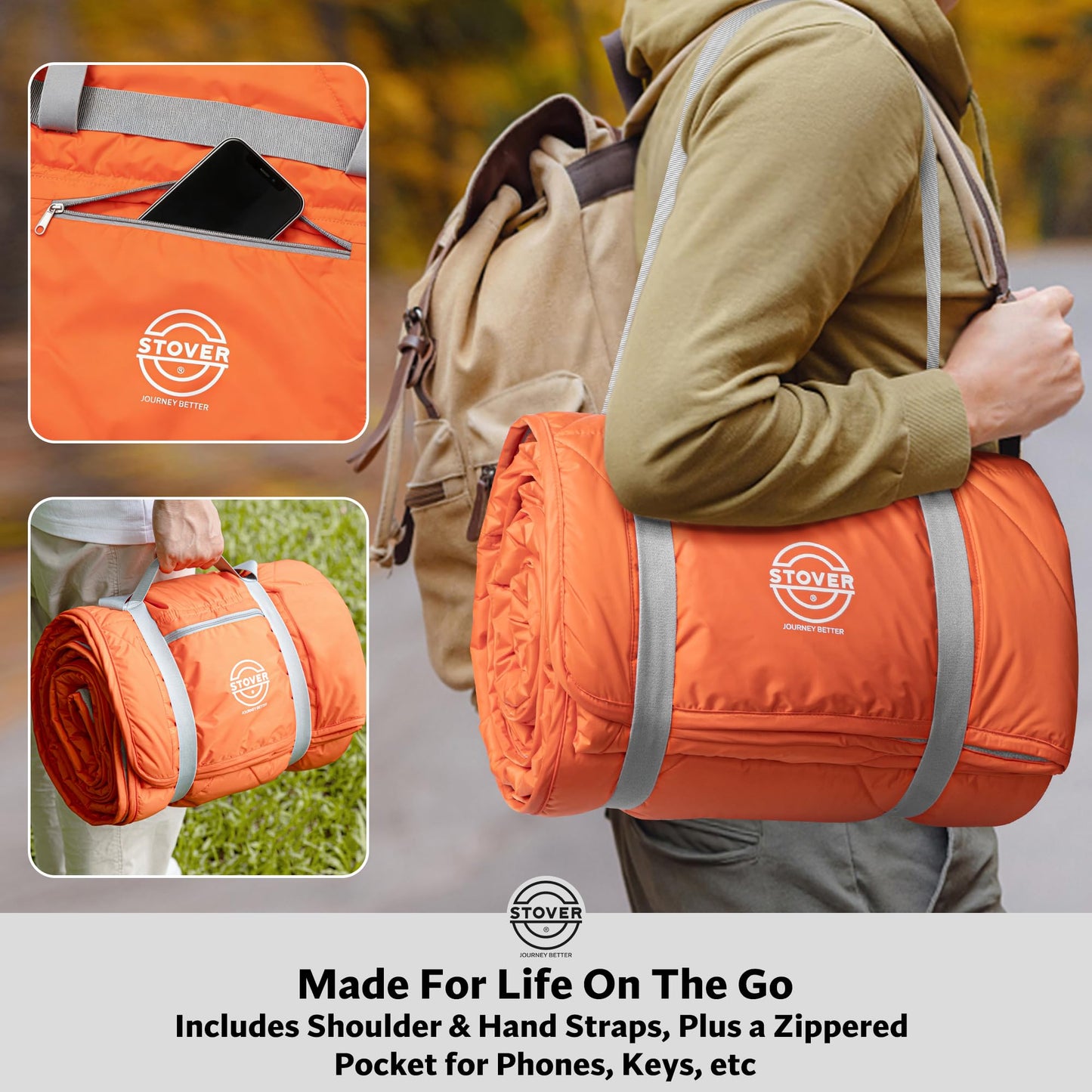 STOVER Large Waterproof Outdoor Stadium Blanket- Extra Thick Soft Fleece Camping Blanket for Travel, Picnics, Sports, Dogs- 79"x55" Warm, Windproof, Sand-proof, Lightweight, Packable (Game Day Orange)