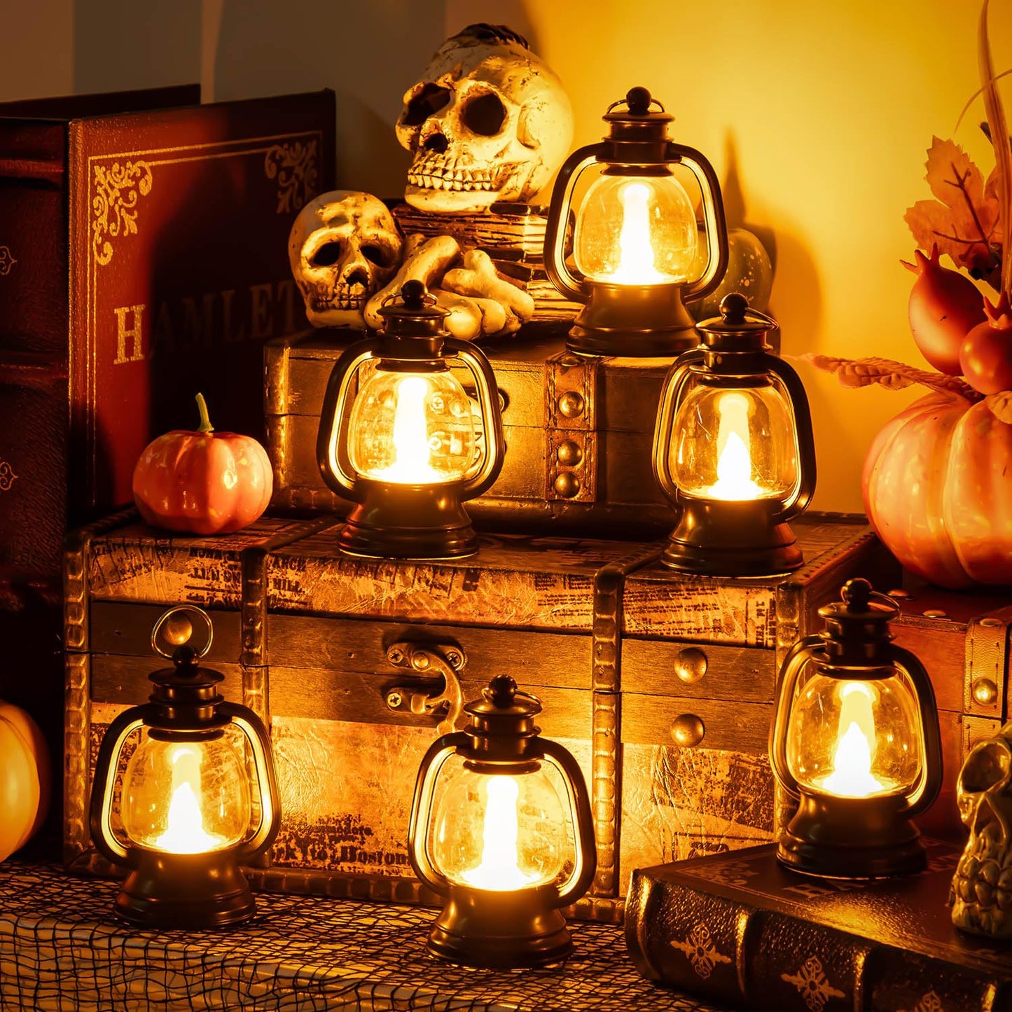 12 Pcs Halloween Mini Lantern, Lantern Centerpieces for Tables with LED Simulation Candle, 4 Inch Small Hanging Lantern, Lanterns Decorative for Wedding Centerpiece Tables (Warm Yellow
