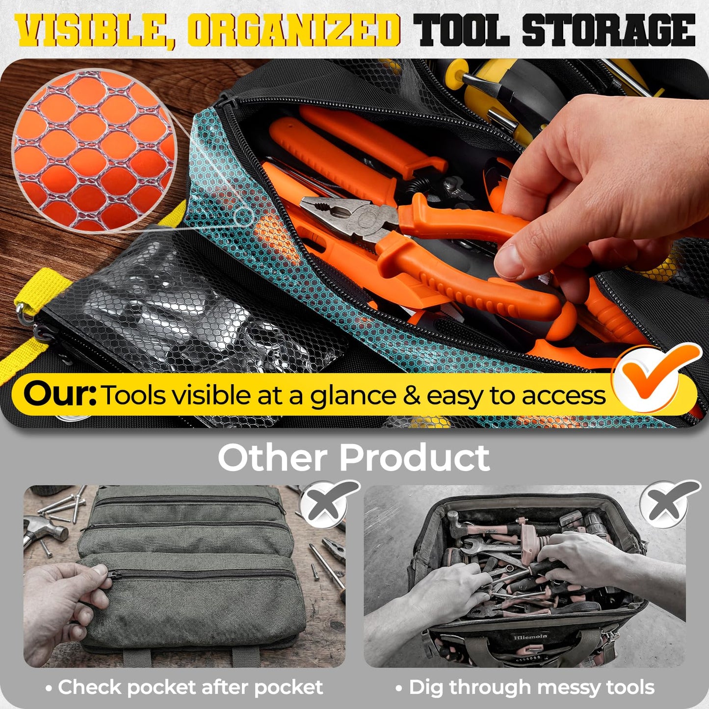 ZICANYCO Roll Up Tool Bag, Heavy Duty See-Through Tool Roll Organizer with 2 Detachable Pouches, Portable Mechanic & Motorcycle Tool Bag, Birthday & Father’s Day Gift, Yellow
