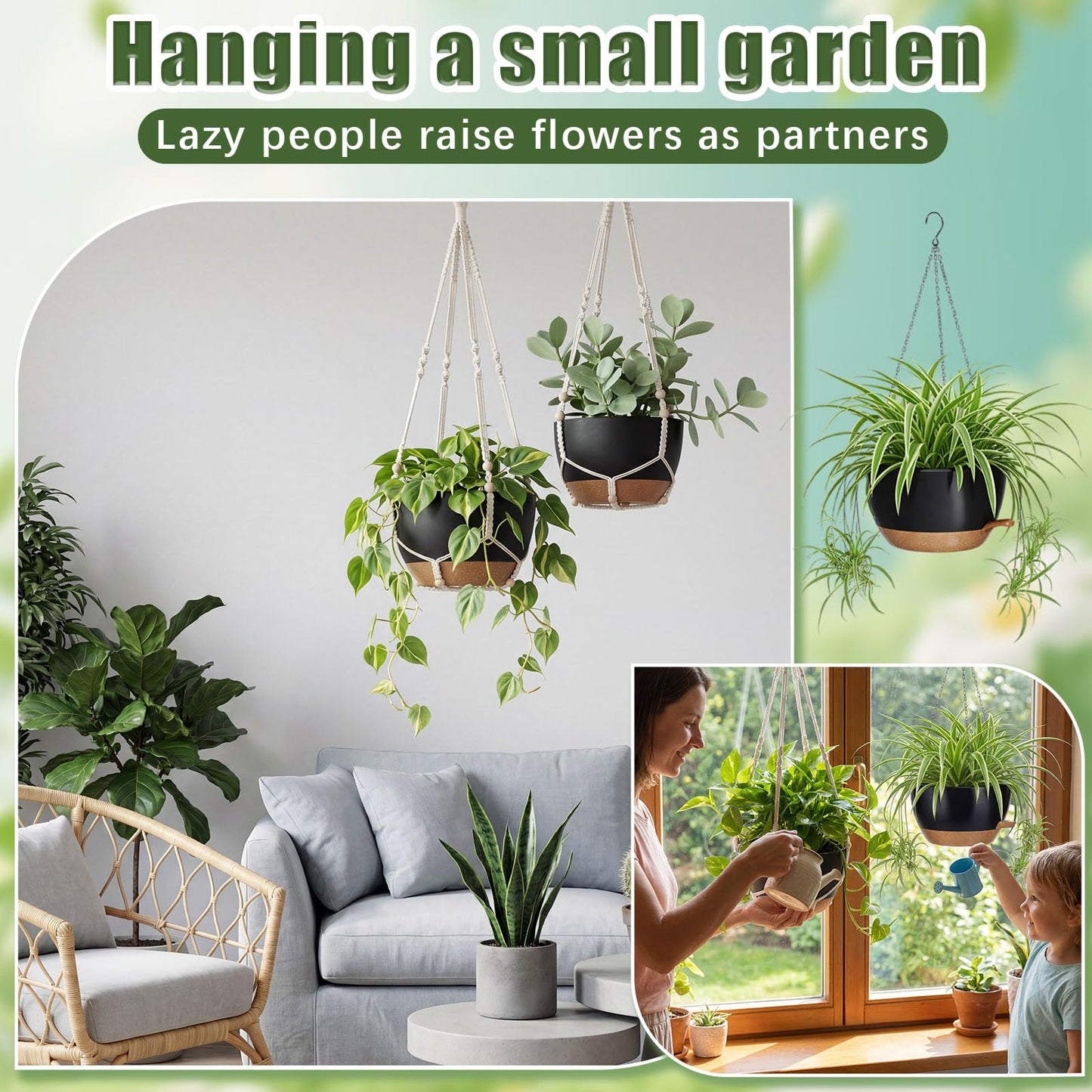 Sliner Set of 4-10 Inch Self Watering Hanging Planters Includes Hanging Pots and Outdoor Hanger Plant Pots with Drainage Holes 2 Types of Hanger Basket Hooks for Patio Garden(Black Brown)