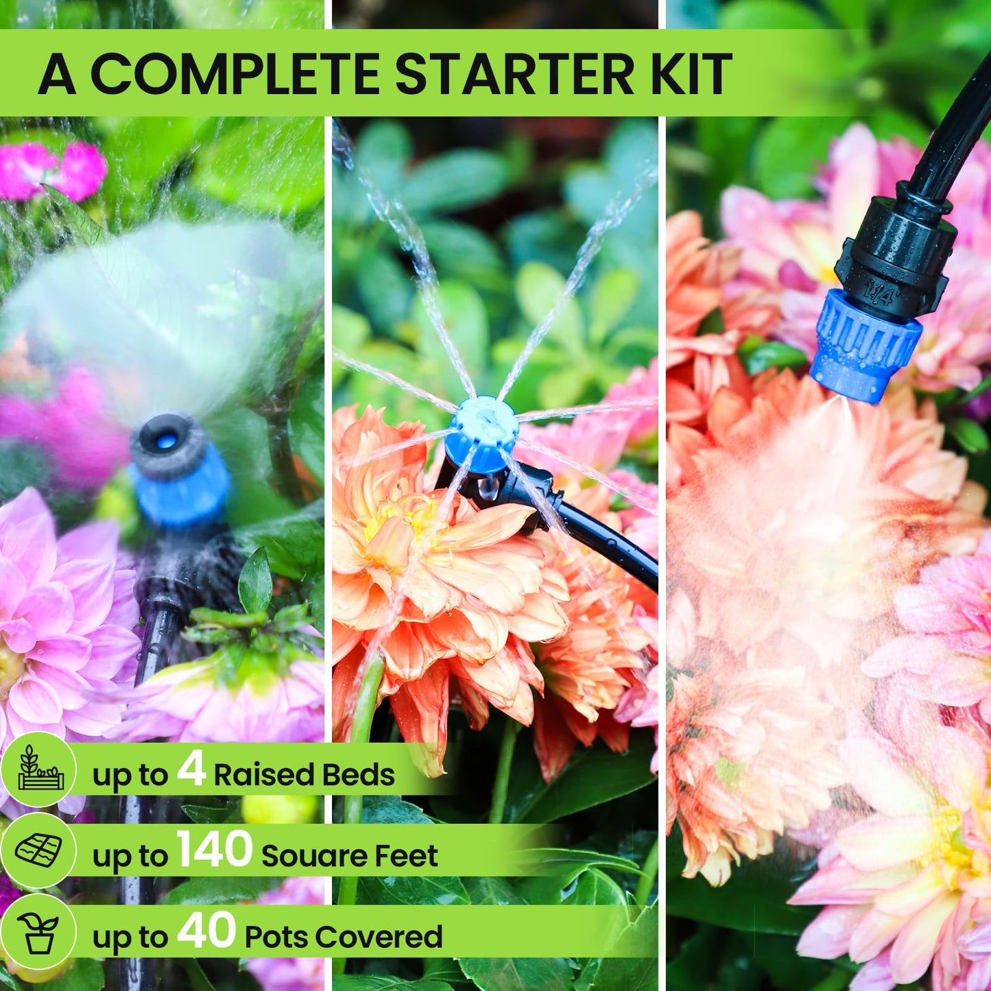 Bonviee Drip Irrigation System 230FT – Quick Connect Garden Watering Kit with Adjustable Drip Emitters, 1/4” & 5/16” Tubing for Raised Beds, Greenhouse, Lawn, Automatic Timer Compatible