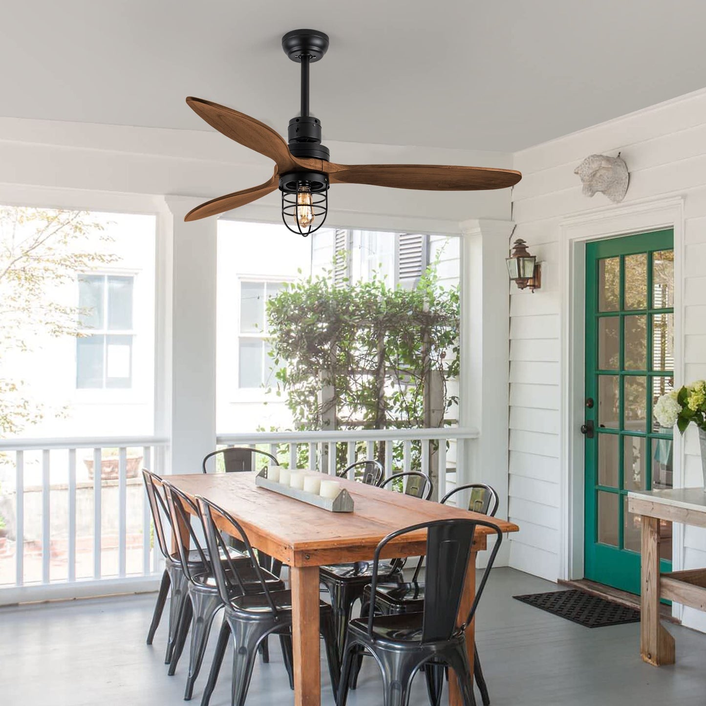 WWM 52 in Farmhouse Outdoor Ceiling Fan with Light, Modern Bedroom Fans with Remote, 3 Wood Blades Industrial Outdoor Ceiling Fans for Patios with Reversible Motor