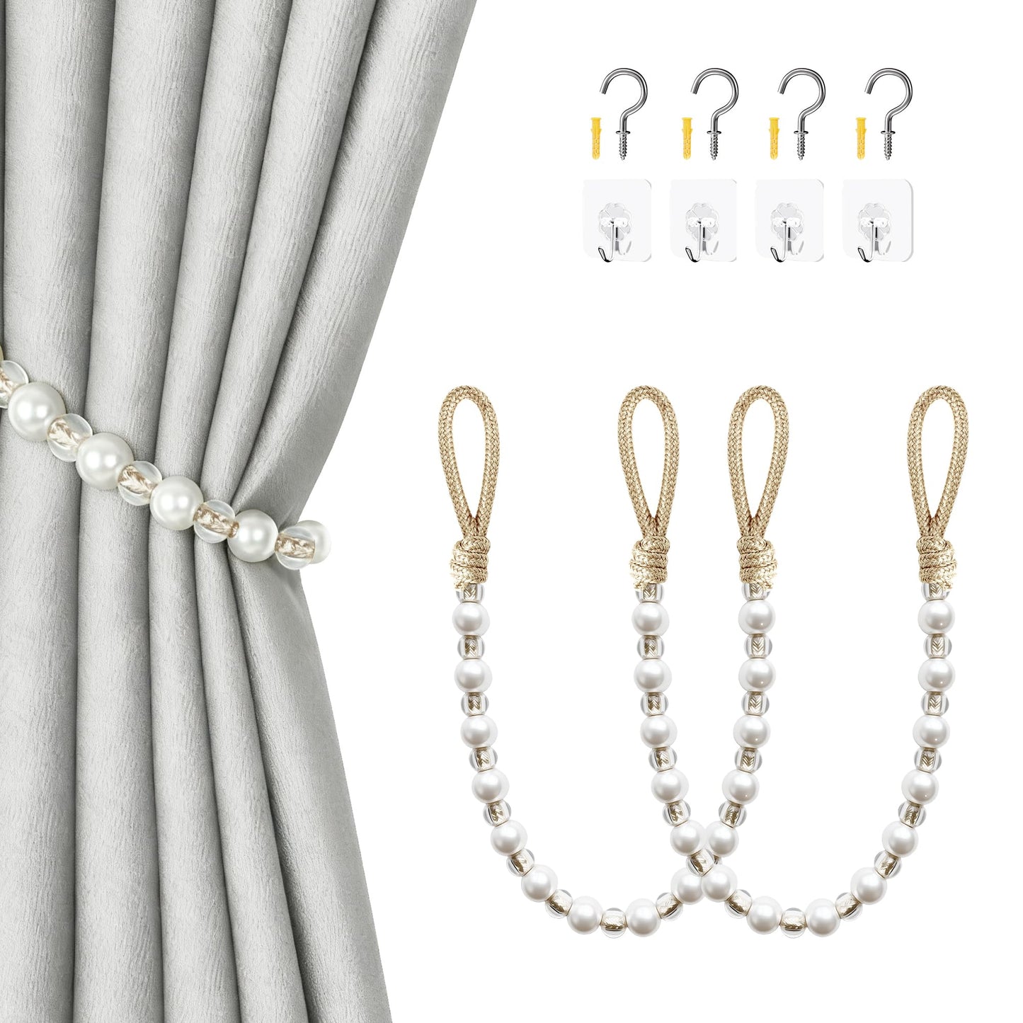 HOUOGROEM 1 Pack Curtain Tiebacks - Pearl Bead Curtain Holdbacks Wall Mounted with Hooks Tie Backs for Bedroom Decor Home Outdoor Office Beige