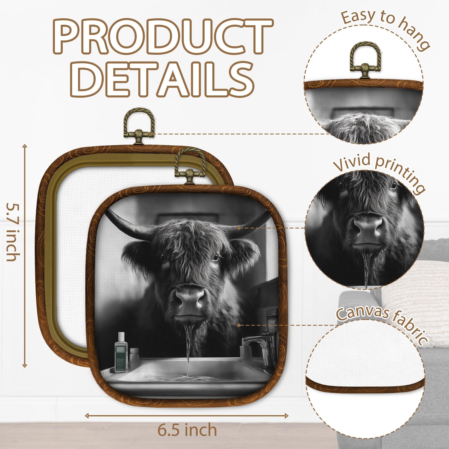 WULQYING Funny Highland Cow Bathroom Wall Art Decor, Highland Cow Framed Canvas Art Prints, Black and White Farmhouse Farm Animal Wall Hanging Decor for Home Bathroom Washroom Restroom, 5.7x6.5 Inches