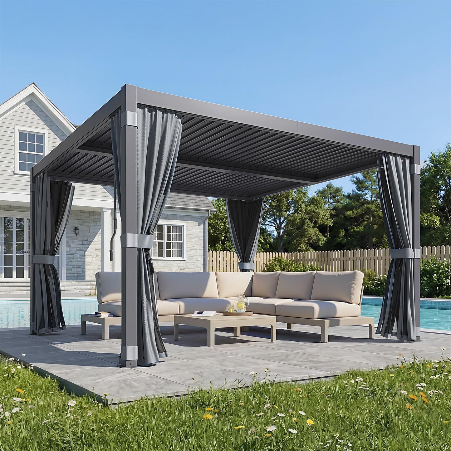 MELLCOM Louvered Pergola 12x12, Steel Aluminum Pergola with Adjustable Louvered Roofs, Outdoor Gazebo with Waterproof Curtains and Nets, Black