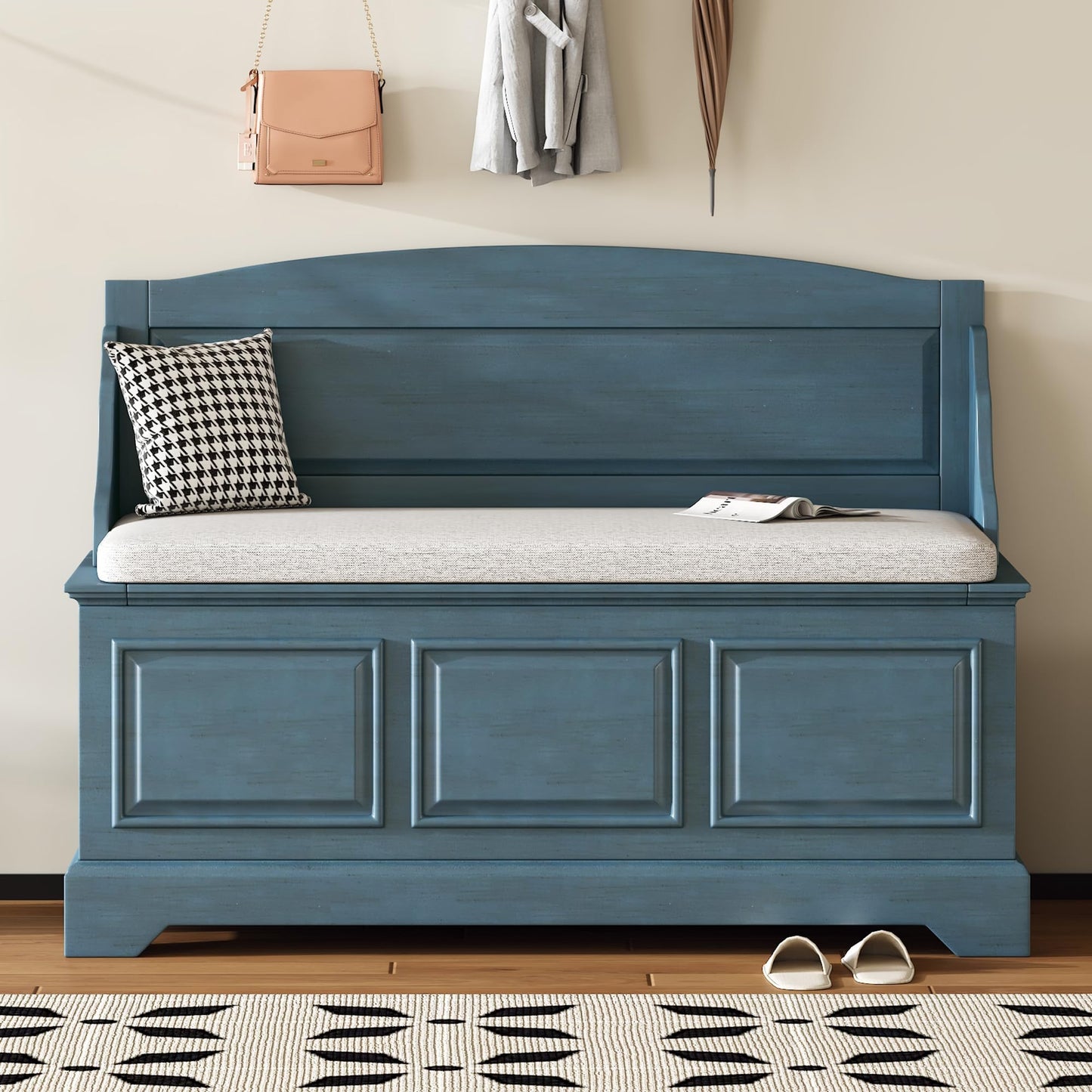 P PURLOVE Farmhouse Storage Bench,Wood Entryway Storage Bench Shoe Bench with Removable Cushion for Living Room,Entryway,Hallway