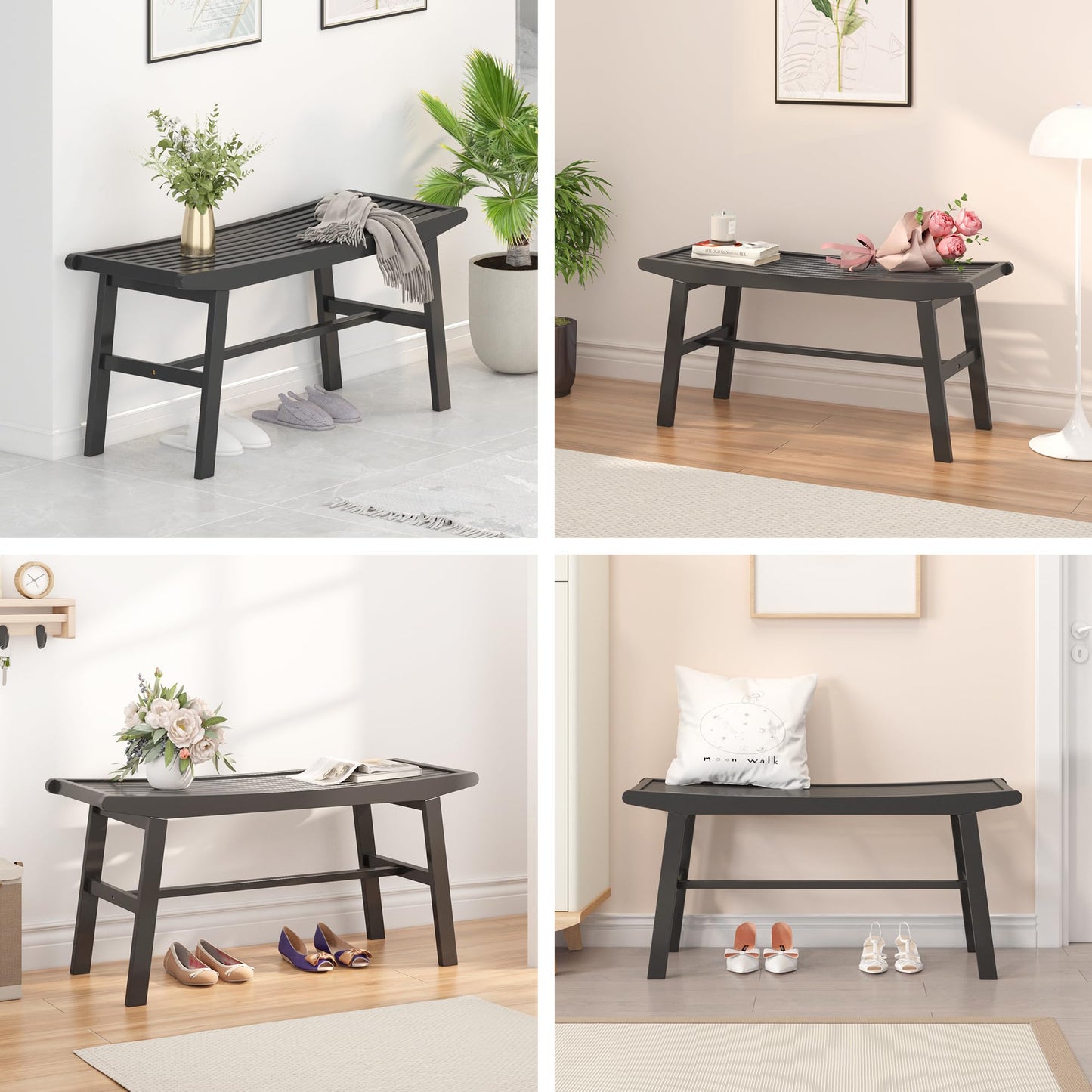 Bamboo Dining Bench Indoor Long Bench Sturdy & Comfortable Indoor Storage Bench Durable Slat Woven Design Modern Entryway Seating for Hallway (Black, 1 Tier)