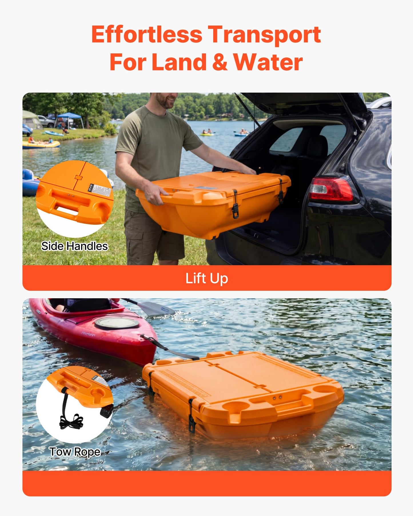 VEVOR 40QT Floating Cooler, Spacious Floating Ice Chest with Dry Storage Vessel & Tow Rope, Premium LLDPE Beverages Cooler for Water & Land, Smooth Cruiser on Lake River Beach Kayak - Orange