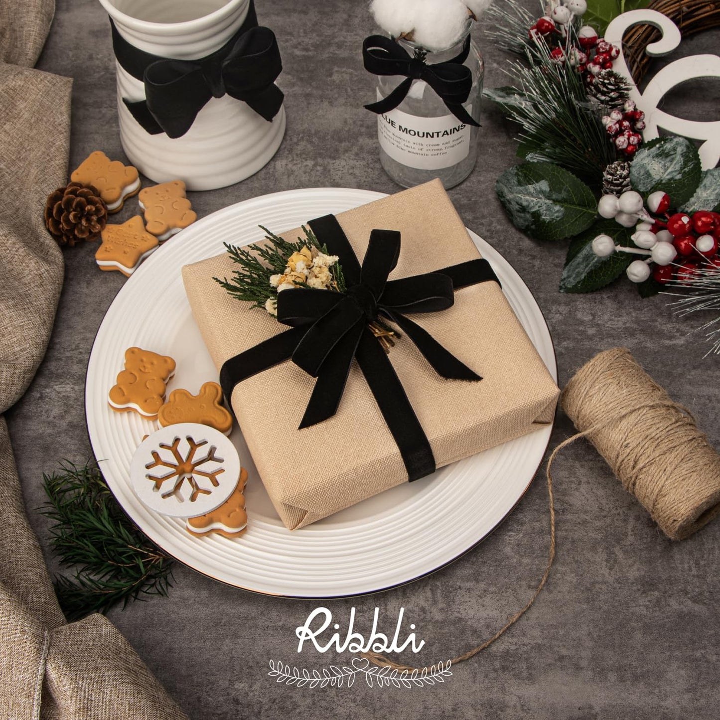 Ribbli Black Velvet Ribbon 1 Inches Continuous 25 Yard Spool Black Christmas Ribbon for Gift Wrapping Crafts Home Decor