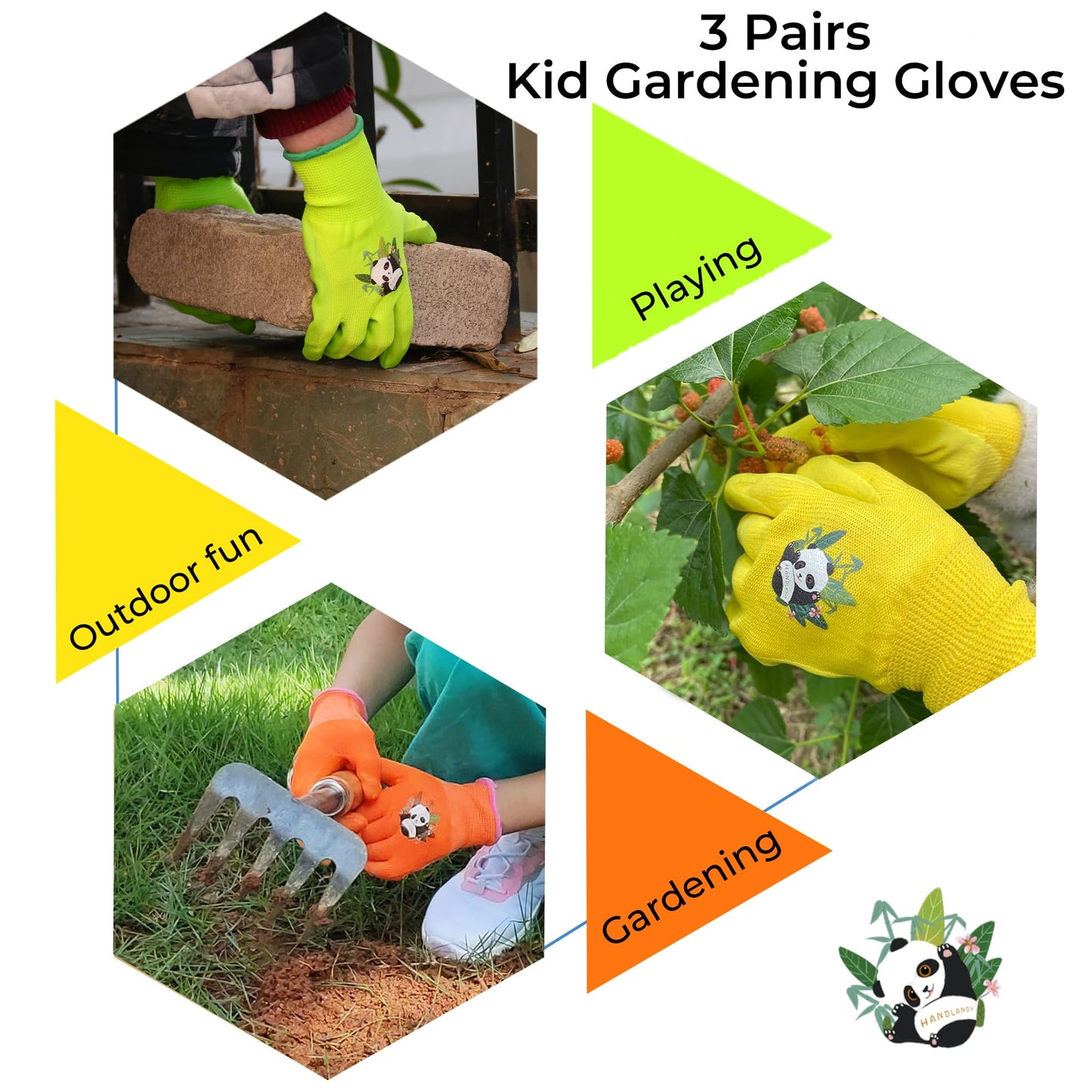 HANDLANDY 3 Pairs Kids Gardening Gloves Latex Free, Nitrile Coated Children Toddler Garden Yard Outdoor Playing Gloves for Little Girls Boys (Size S)