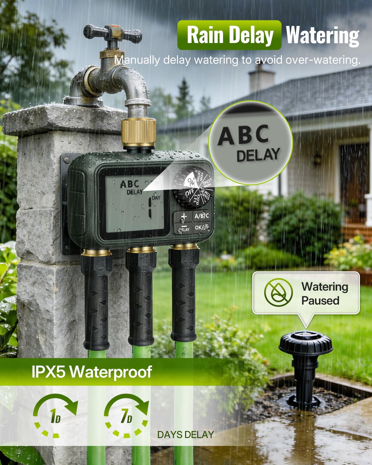 WILAWELS Brass Sprinkler Timer with Swivel, Programmable Water Timer for Garden Hose with Auto/Manual/Rain Delay Watering, Digital Irrigation System Kit,for Garden, Yard, Lawn 3 Outlet F13WT06