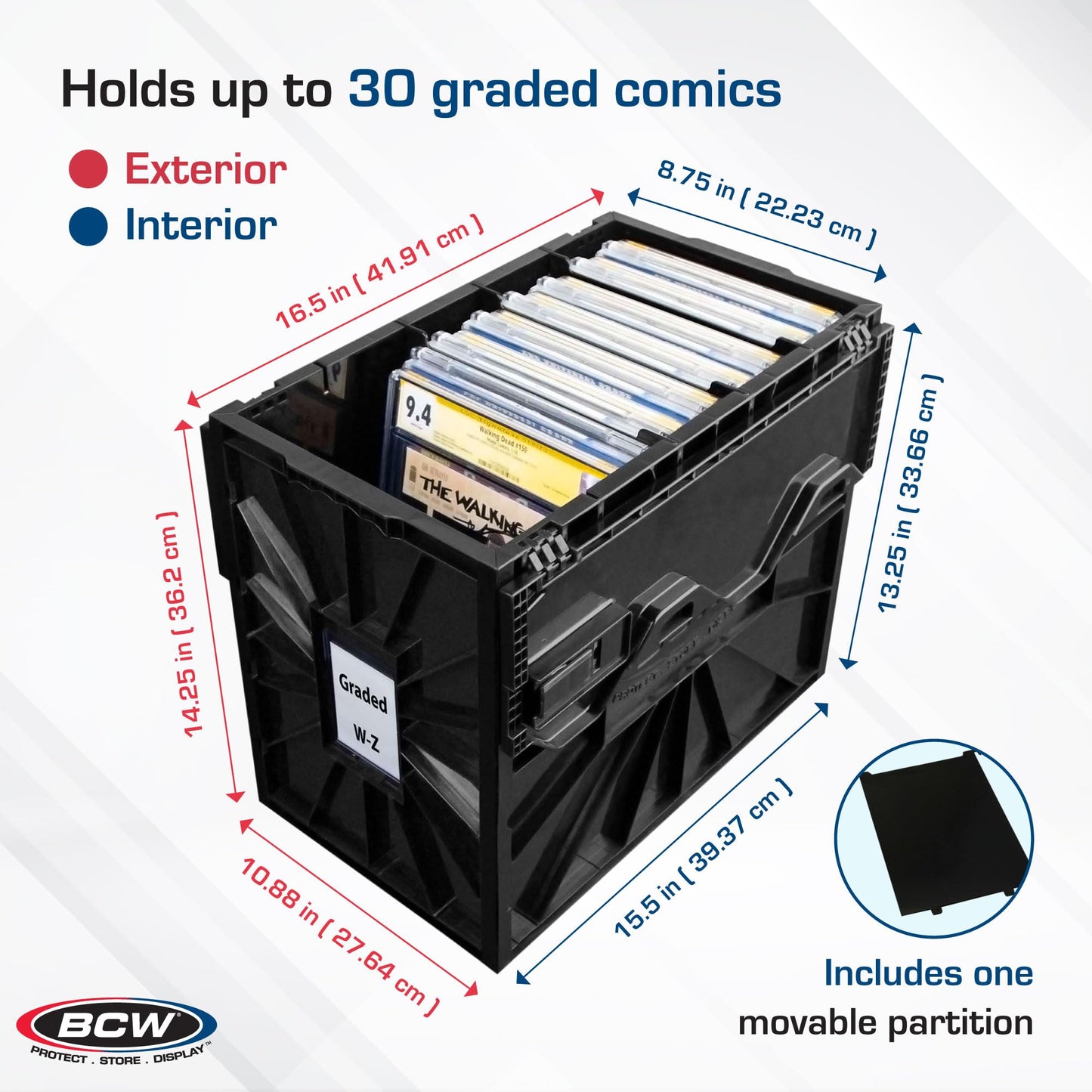 BCW Graded Comic Book Bin with Partition – Black (2 Pack) | Holds 30 Graded Comics | Stackable Comic Book Box Storage for CGC, CBCS & Slabs
