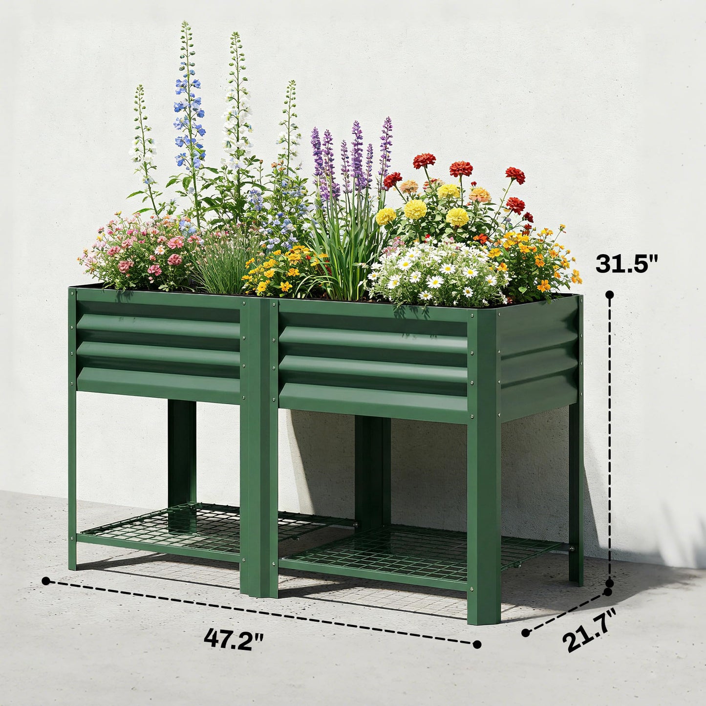 Outsunny Galvanized Steel Raised Garden Bed with Storage Shelf and Bed Liner, Elevated Planter Box with Legs for Flowers, Vegetables, and Herbs, for Outdoor Patio Yard, Glove Included, Green