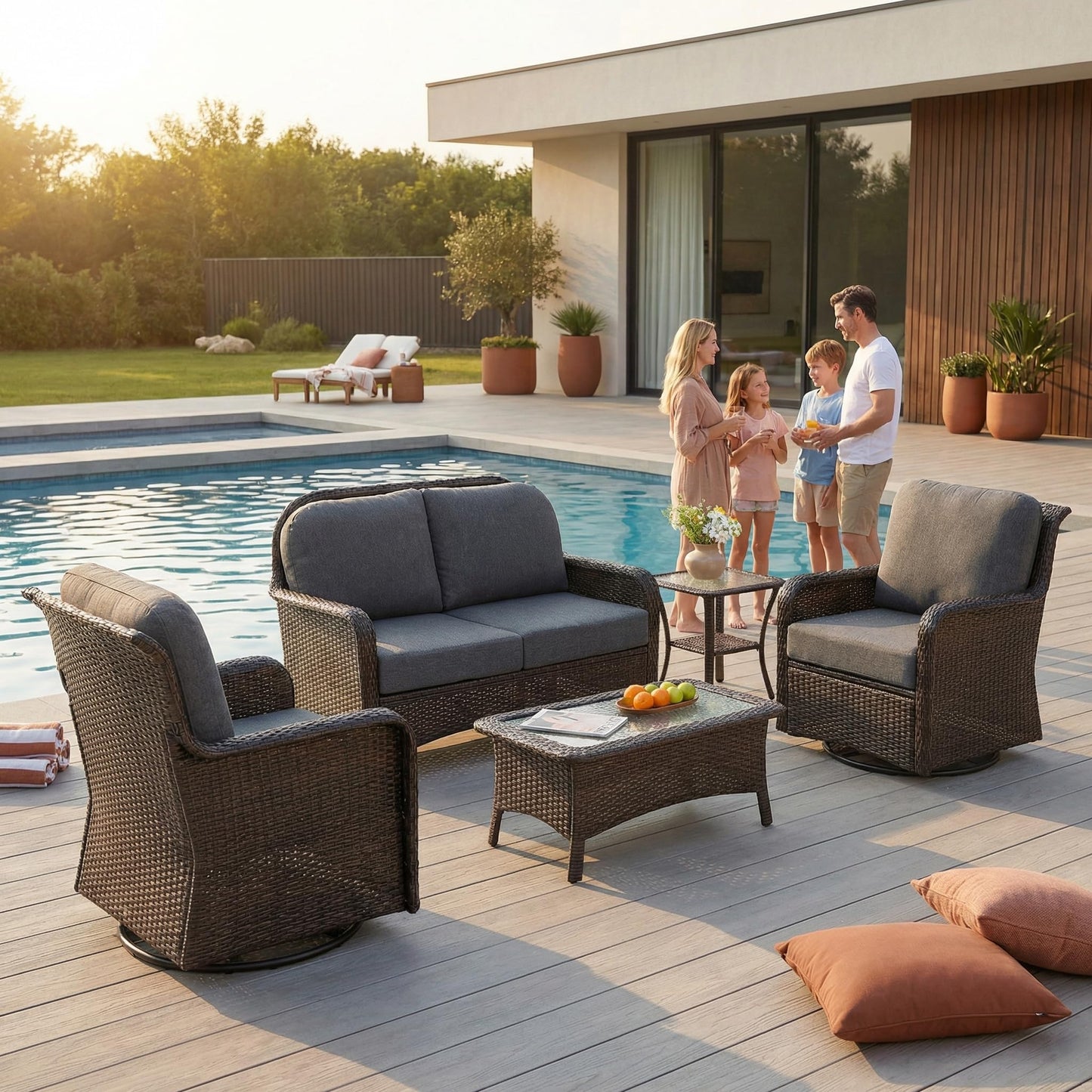 Tribesigns 5-Piece Outdoor Wicker Patio Furniture Set with 2 Swivel Chairs, 1 Loveseat & 2 Tables, Wicker Patio Chair Set with 26.8'' Deep Seat, Luxury Conversation Set for Porch, Yard, Brown/Gray