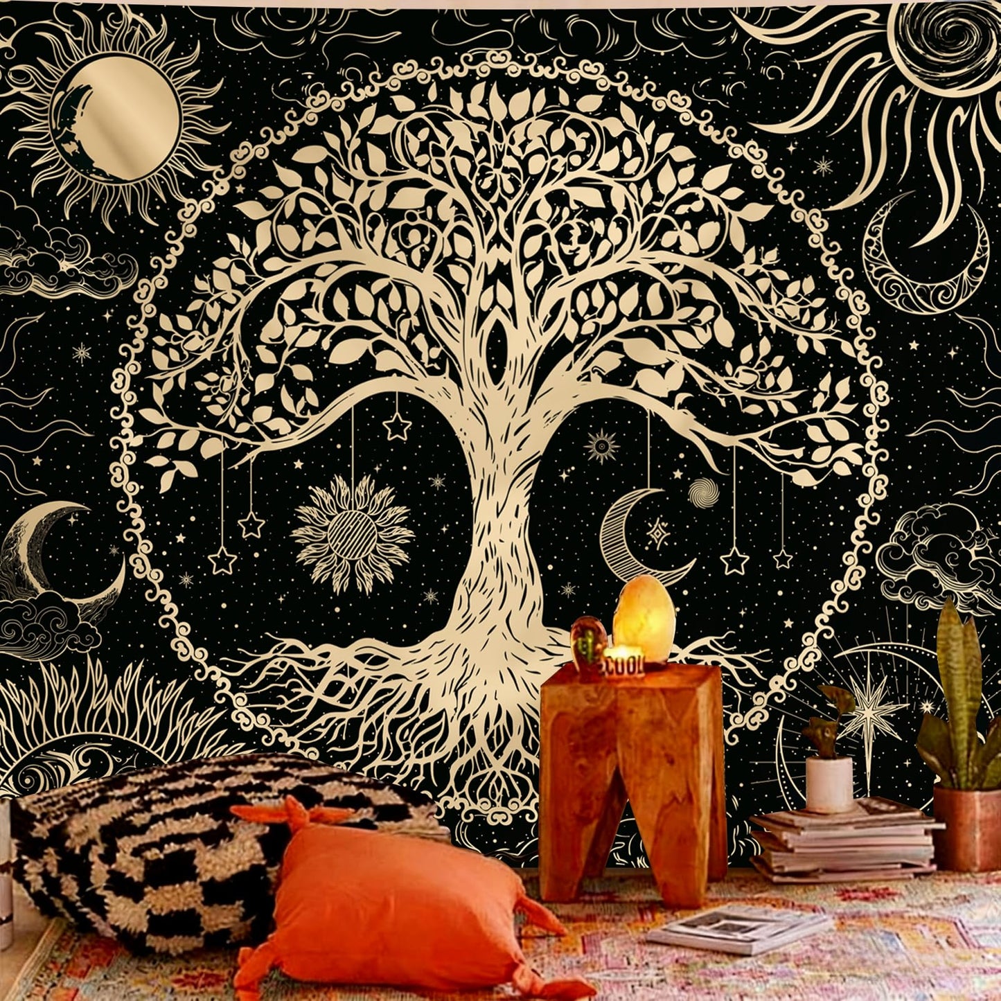 Avinyl Tree of Life Wall Tapestry for Bedroom, Sun and Moon Hippie Tapestries Aesthetic, Black and Gold Wall Hanging Home Decor for Dorm Living Room Office 51in x 60in