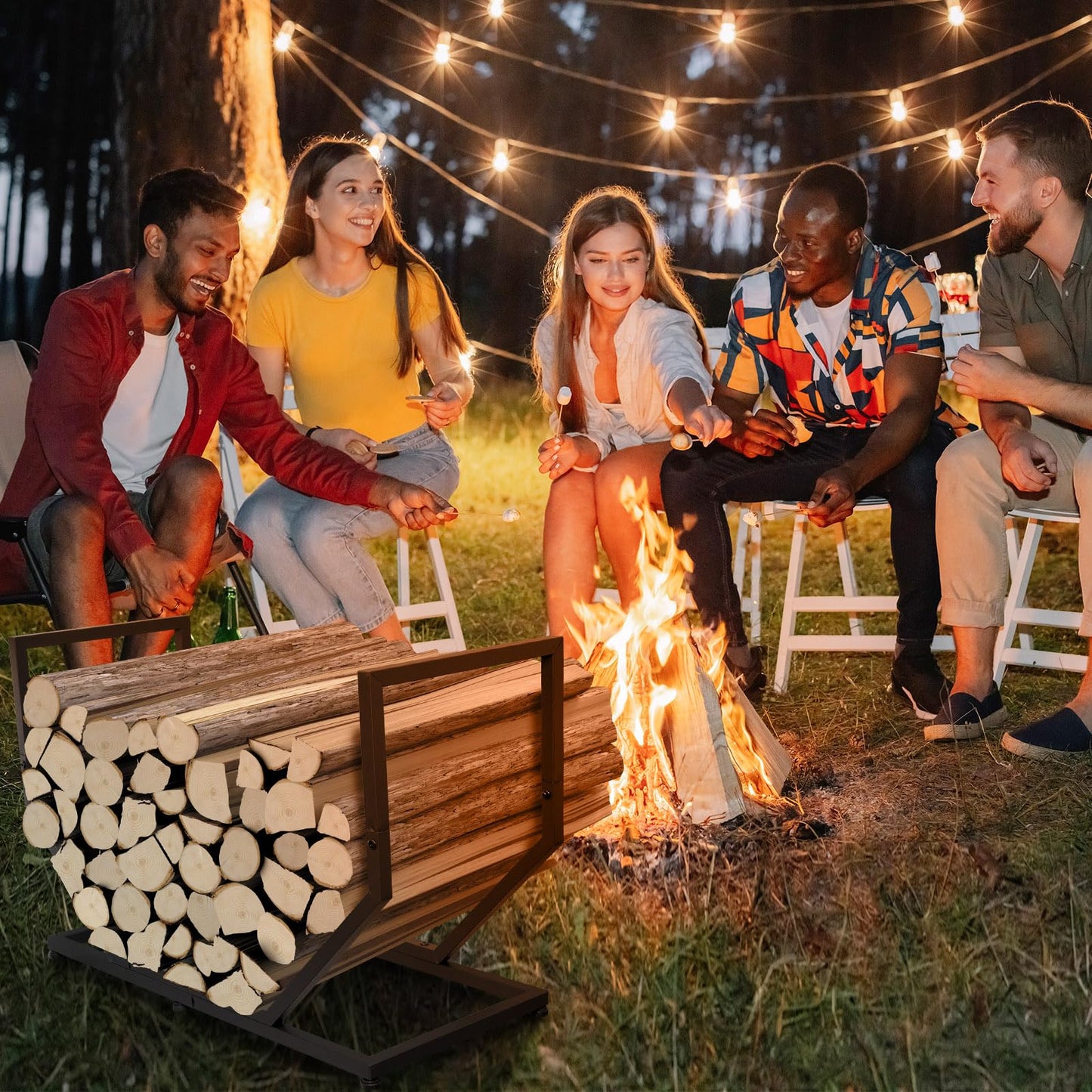 YENGOTH Firewood Rack Outdoor Indoor,31 Inch Firewood Holder,2.58ft Heavy Duty Metal Firepace Log Holder,Wood Storage Rack With Adjustable Feet,Black