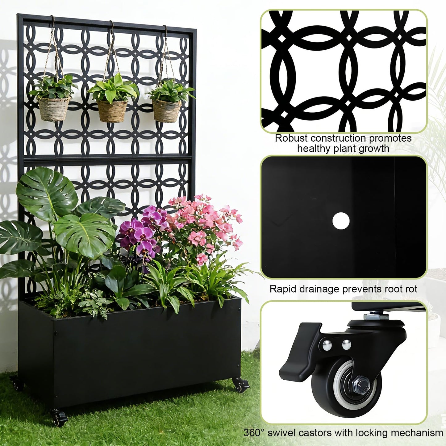 LZALMMS Metal Raised Garden Bed with Trellis and Wheels, 70"x35"x15" Large Planter Box for Climbing Plants & Vegetables, Outdoor Rolling Planter with Drainage Holes and Privacy Screen (Black)