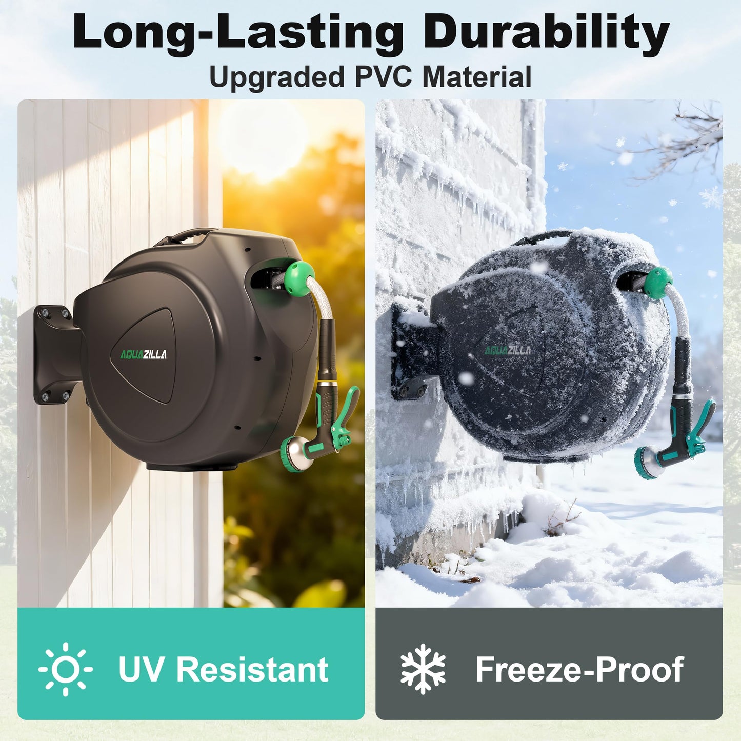 Retractable Garden Hose Reel, 65FT +6FT 5/8" Durable Wall Mounted Water Hose Reel with 180° Swivel Bracket, 9 Pattern Sprayer, 6Ft leader hose,Smooth Automatic Rewind, Any Length Lock.