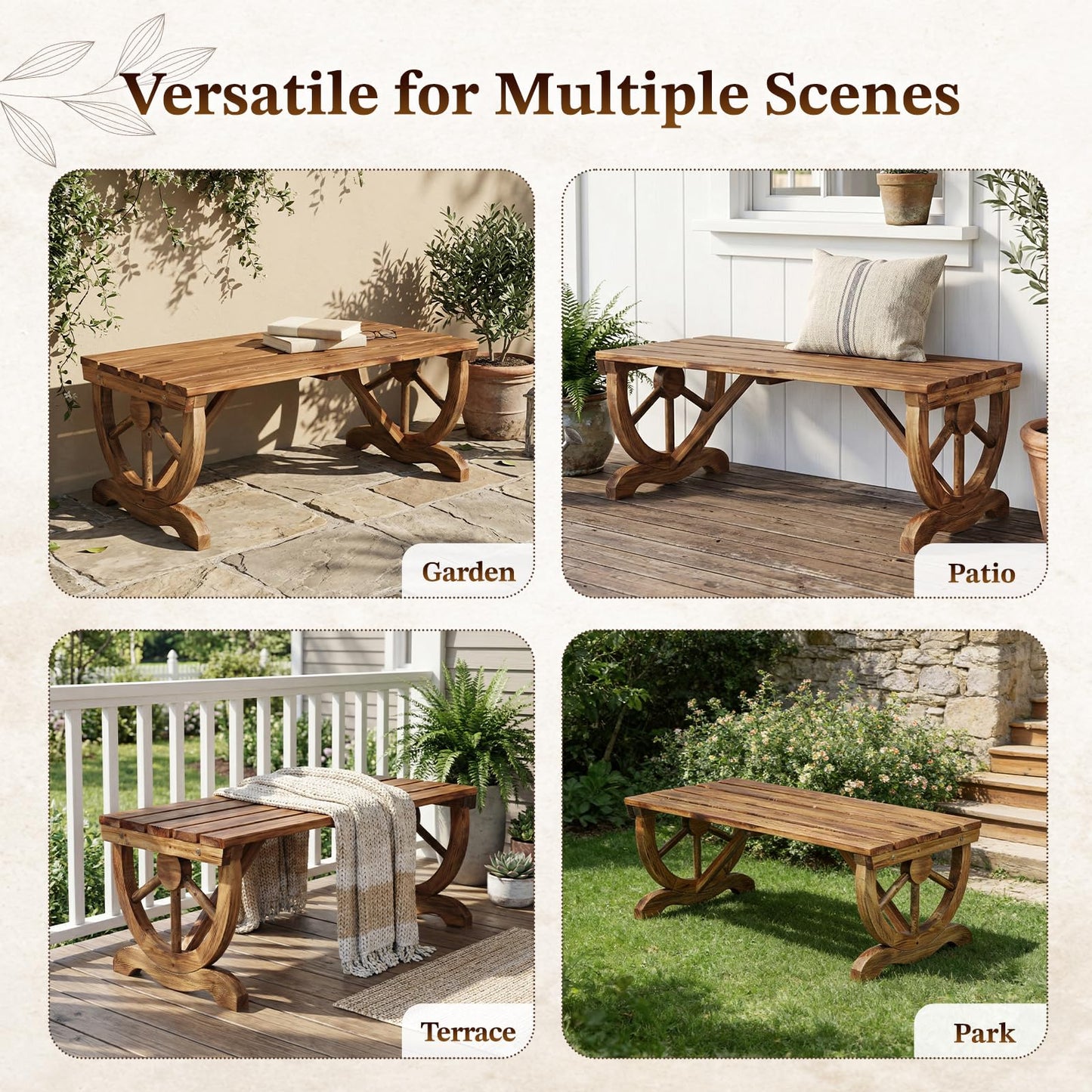 Outvita 39'' Outdoor Wooden Bench, 2-Person Rustic Wagon Wheel Bench with Slatted Seat and Carbonized Fir Wood Construction, Weather-Resistant Garden Bench for Patio, Porch and Backyard(Light Brown)