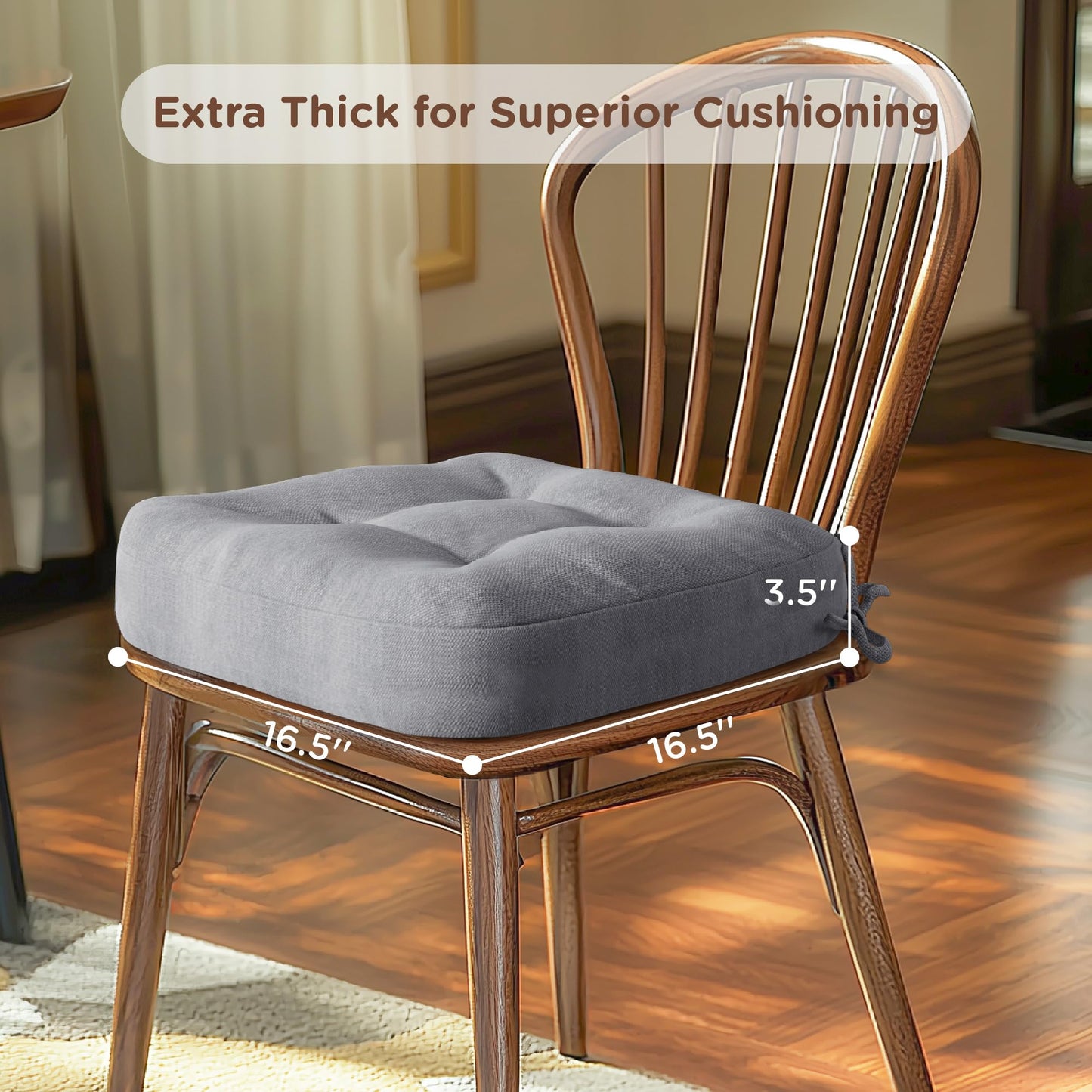 Codi Dining Chair Cushions 4 Pack, Thick Chairs Pads for Indoor Kitchen Room - Washable, Non-Slip Memory Foam Seat Cushion with Ties, 16.5"x16.5"x 3.5", Set of 4, Grey New