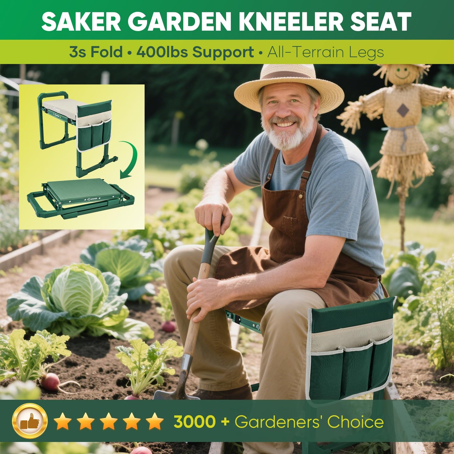 Saker Garden Kneeler and Seat Foldable Gardening Stool with Extendable Legs & Thickened Pad, Tool, Heavy Duty 500lbs Support for Elderly, Gardening, Outdoor Use