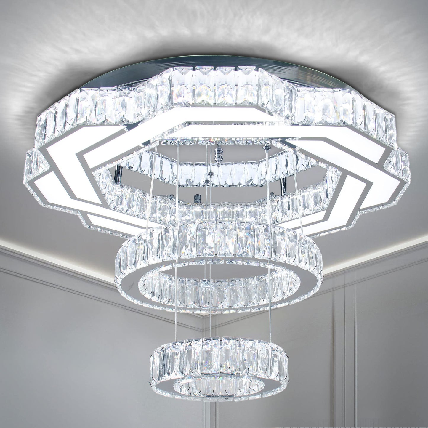 xychfantligh 22.5" Crystal Chandeliers Living Room Modern Chandelier Crystal Ceiling Light LED 2 Rings Pendant Light Flush Mount Chandelier for Bedroom Dining Room Entryway (Cool White)