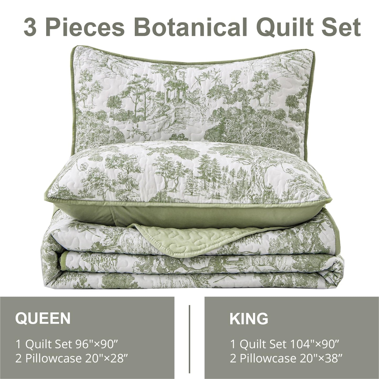 WONGS BEDDING Botanical Quilt Set Queen Size, Sage Green 3 Pieces Toile Floral Plants Printed Bedspread Bedding Set Soft Lightweight Microfiber Coverlet Set for All Season (96"x90")
