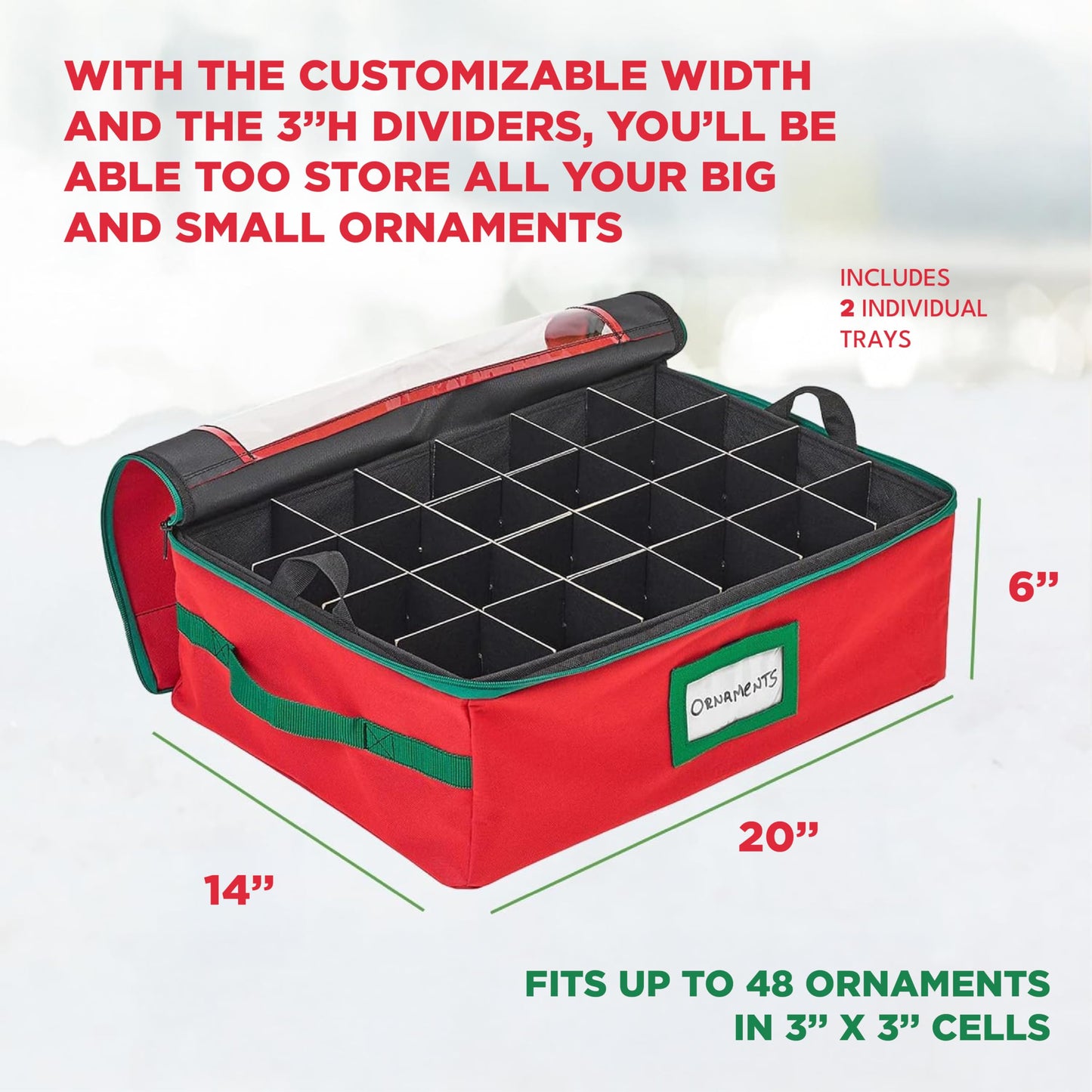 HOLDN’ STORAGE Christmas Ornament Storage Box with Dividers - Fits 48-3” Ornaments, 2 Removable Trays, Durable & Space-Saving, Clear Top Lid, Fits Underbed, Red
