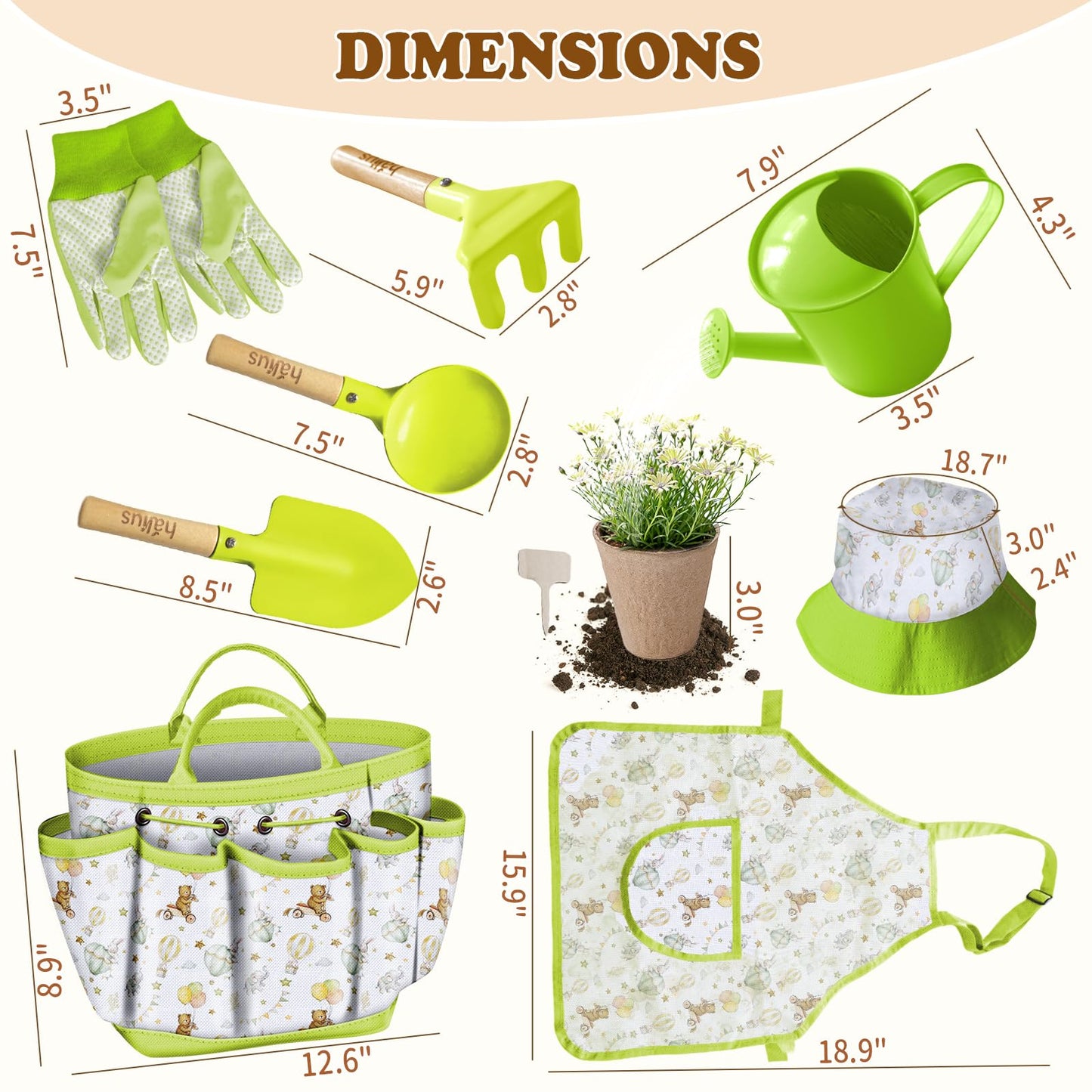 Kids Gardening Tool Set 18PCS Kids Toddler Gardening Set Includes Tote Bag Watering Can Apron Hat Rake Shovel Spoon Gloves Plant Pots and Labels, Outdoor Toys Gift for Boys Girls (Green)