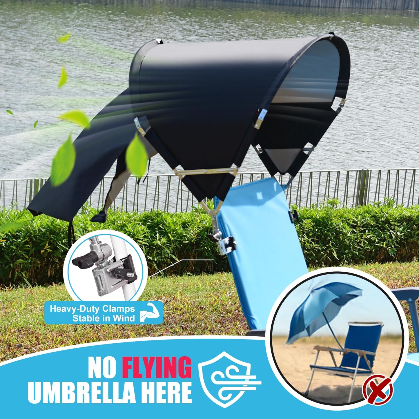 Universal Wind-Resistant Chair Umbrella Canopy, Foldable Portable UPF 50+ Sun Shade Attachment with Adjustable Clamp, Fits Most Beach, Outdoor, Camping, Lawn, Zero Gravity Chairs, Wheelchairs, 2 Pack