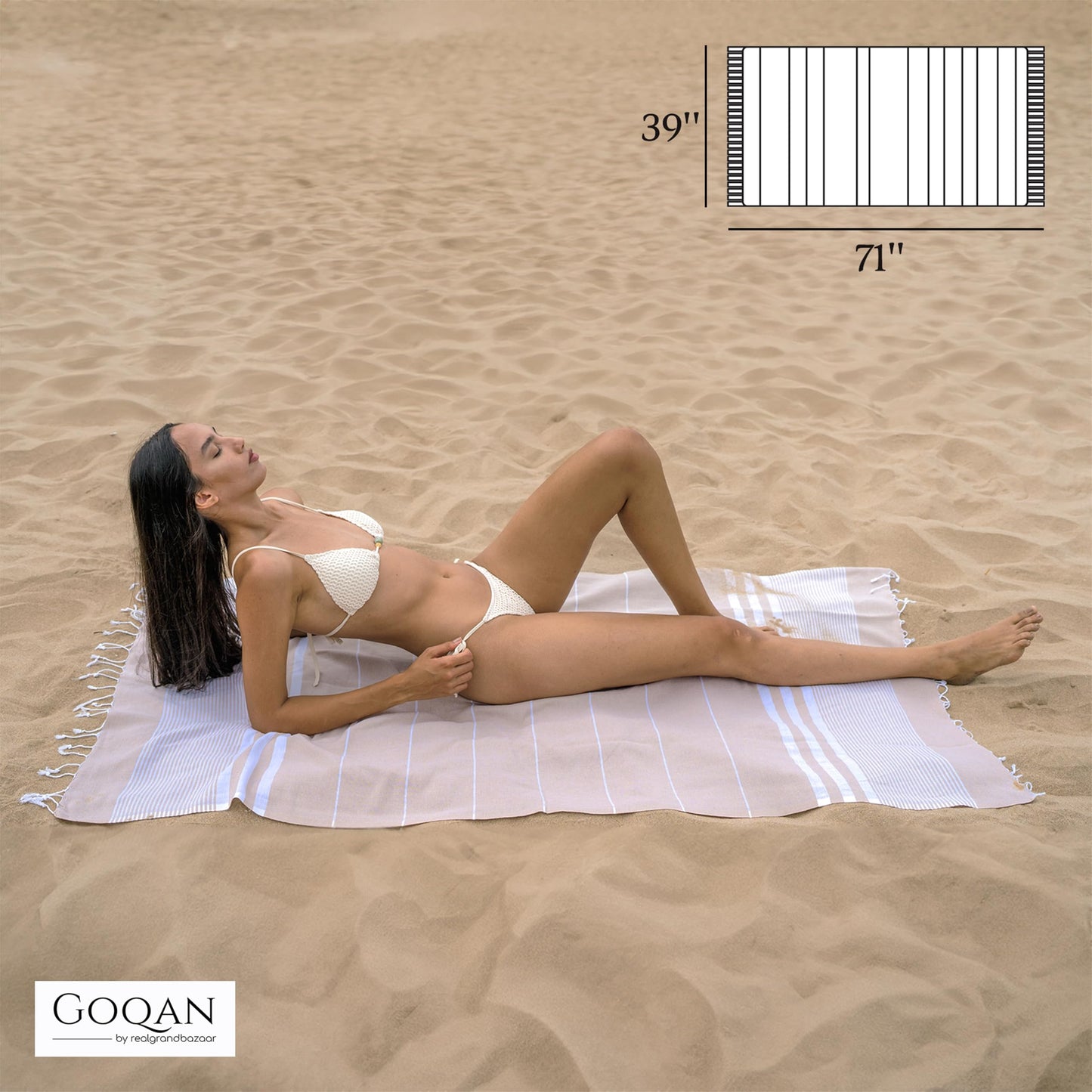 realgrandbazaar GOQAN Turkish Beach Towel Oversized 39x71 | Thin, Lightweight, 100% Cotton and Sand Free Towel is Suitable for Beach, Bathroom, Pool, Travel & Swim - Beige