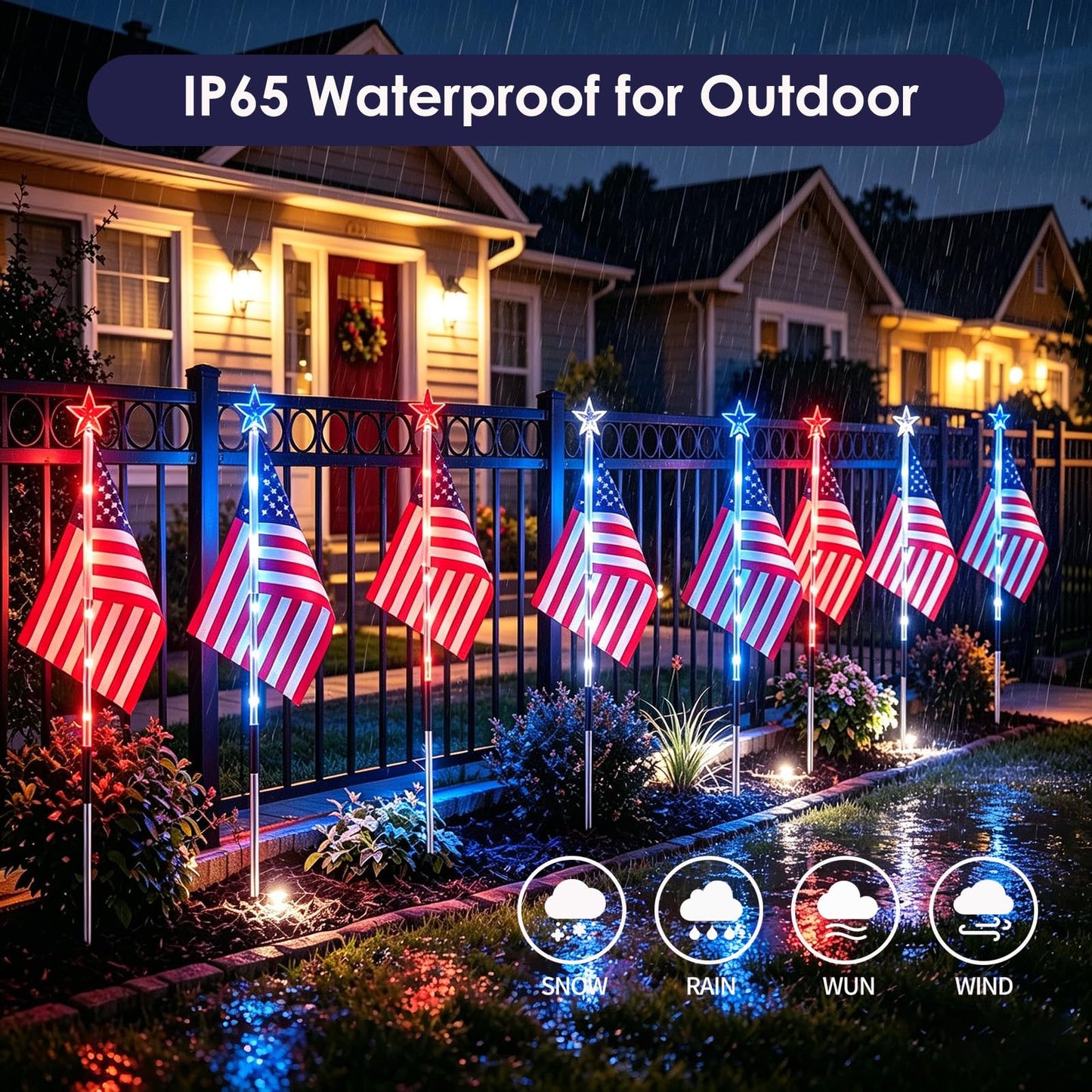 American Flag for Outside 4th of July Decorations, 9-Pack Solar Red White Blue Lights for Garden Yard Pathway, Waterproof Patriotic Decorations for 250th Anniversary, Memorial Day, Independence Day