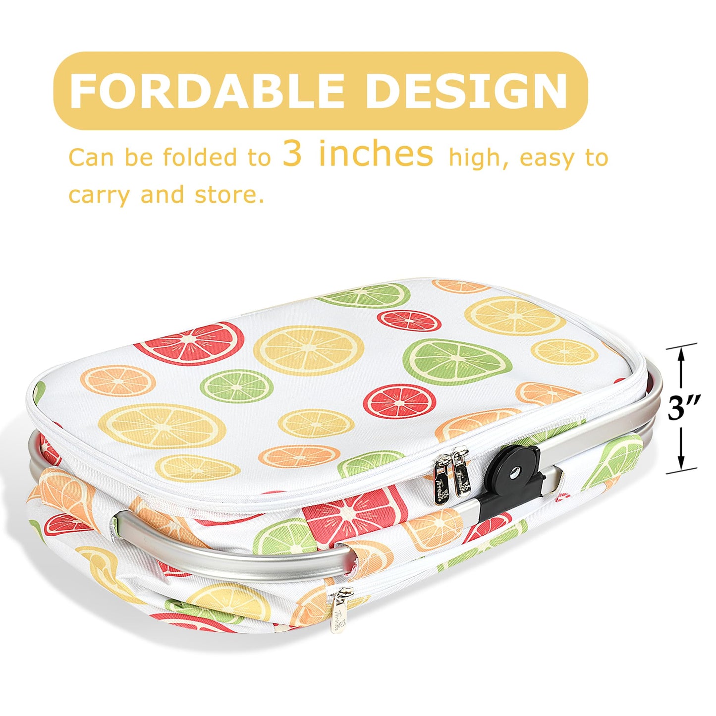 Tirrinia Large Insulated Picnic Basket, 34L Water Resistant & Leakproof Collapsible Portable Cooler Basket Set with Aluminium Handle for Travel, with a Free Foldable Grocery Bag, Yellow Lemon