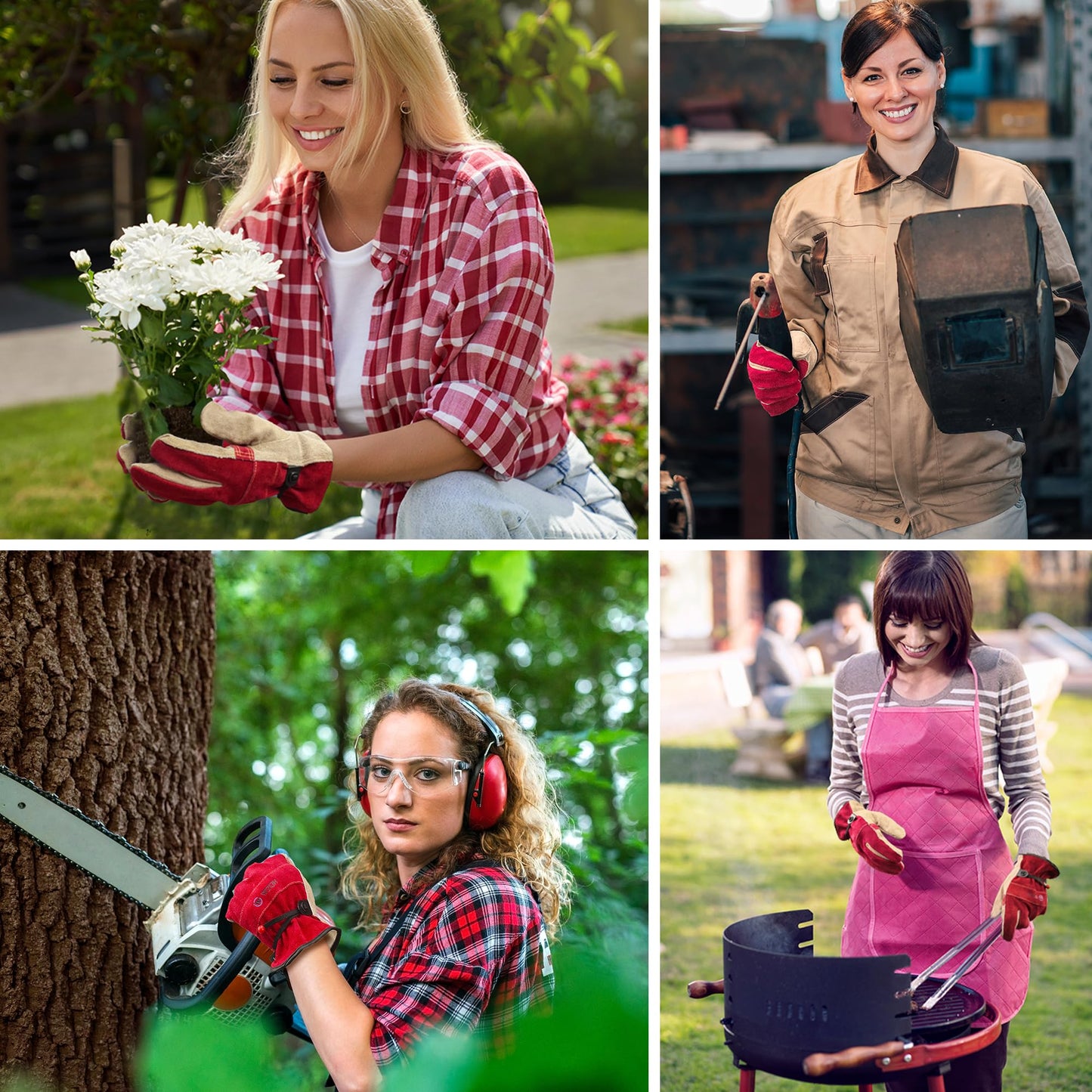 WZQH Leather Work Gloves for Women, Medium Glove for Gardening, Tig/Mig Welding, Construction, Chainsaw, Farm, Ranch, etc. Cowhide, Cotton Lined, Utility, Firm Grip, Durable. Rose Red - Grey M