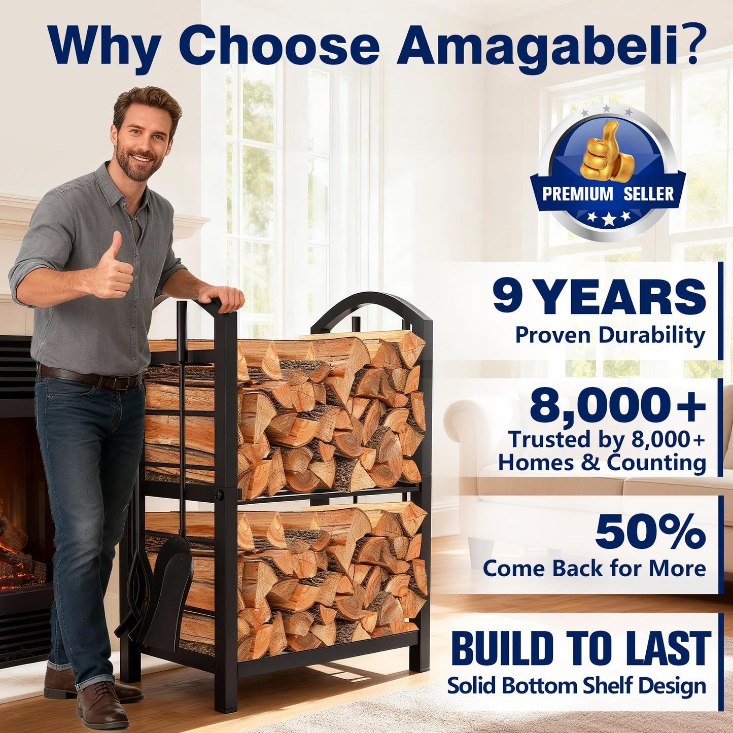 AMAGABELI GARDEN & HOME Firewood Rack Indoor with Tools 5-Piece Fireplace Tools Set Wood Holder Outdoor Wrought Iron Log Holder Firewood Storage Rack for Fireplace,Fire Pit,Wood Stove Black