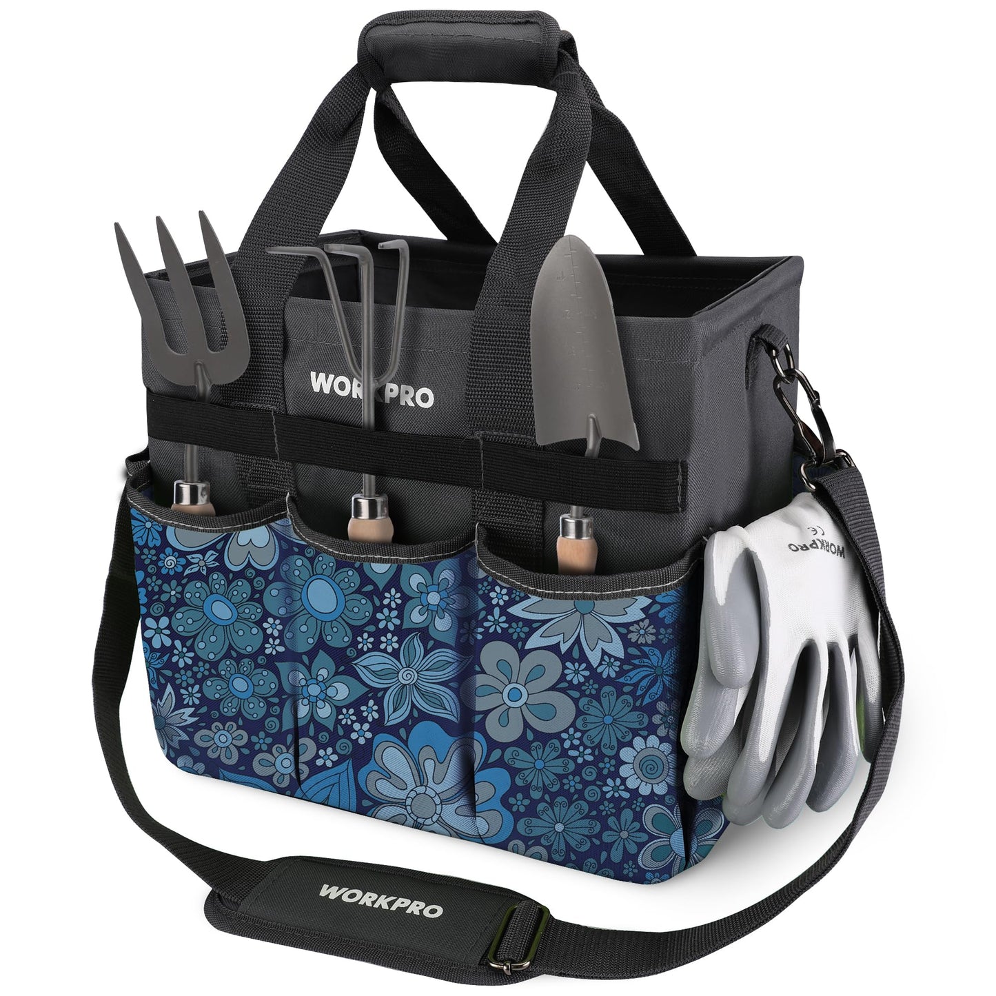 WORKPRO Garden Tool Bag Organizer, Heavy Duty Gardening Tote Bag, 10 Pockets Design with Long Adjustable Shoulder Strap, Standable Garden Home Tool Kits Organizer, Floral Blue (Tools are not Included)