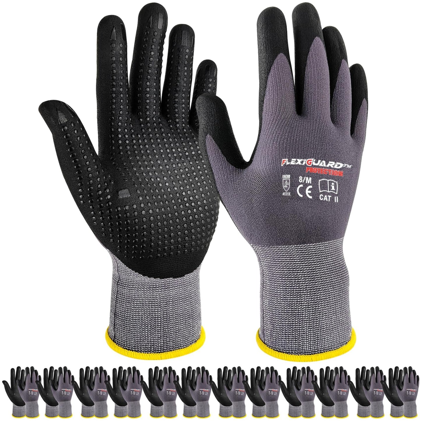 Gasoline Safety Work Gloves Extra Micro-Foam Nitrile Coated-12 Pairs,Endurance Seamless Knit Nylon Spandex,Dots on Palm, Dot Grip Gloves，Work Gloves Men and Women (12, XL)