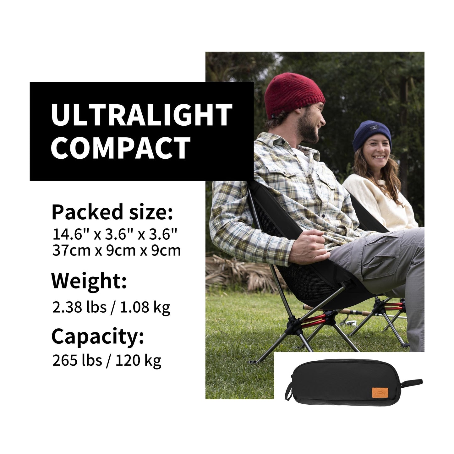 Naturehike YL08 Ultralight Camping Chair, 2.38 LBS Portable Backpacking Chair with Anti-Sinking Feet, Lightweight Compact Folding Hiking Camp Chair
