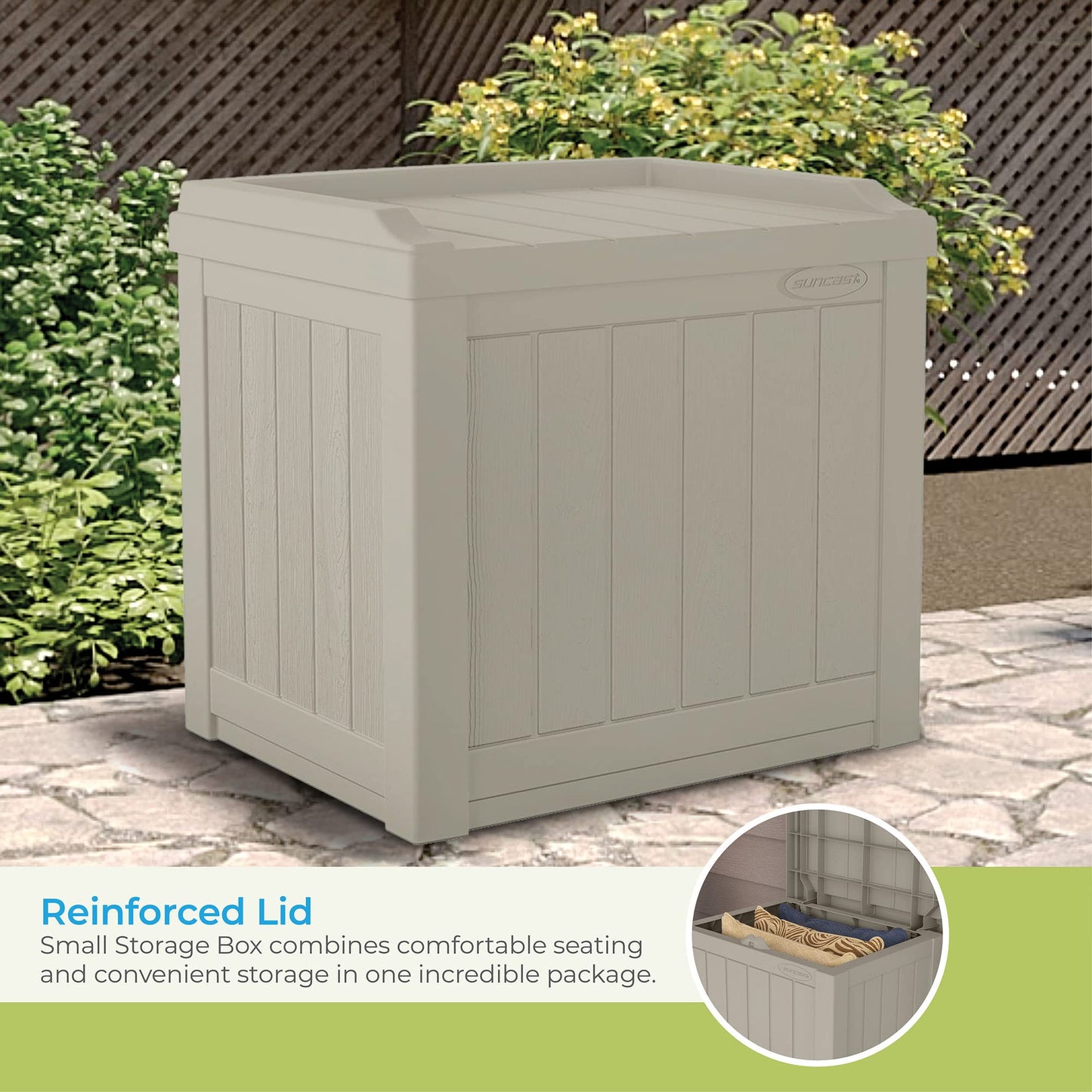 Suncast Outdoor Storage Box - 22 Gallon Light Taupe Resin Outdoor Deck Box with Seat, Weatherproof Patio Storage Bin Container for Keeping Cushions, Tools & Towels for Pool, Yard, & Garden