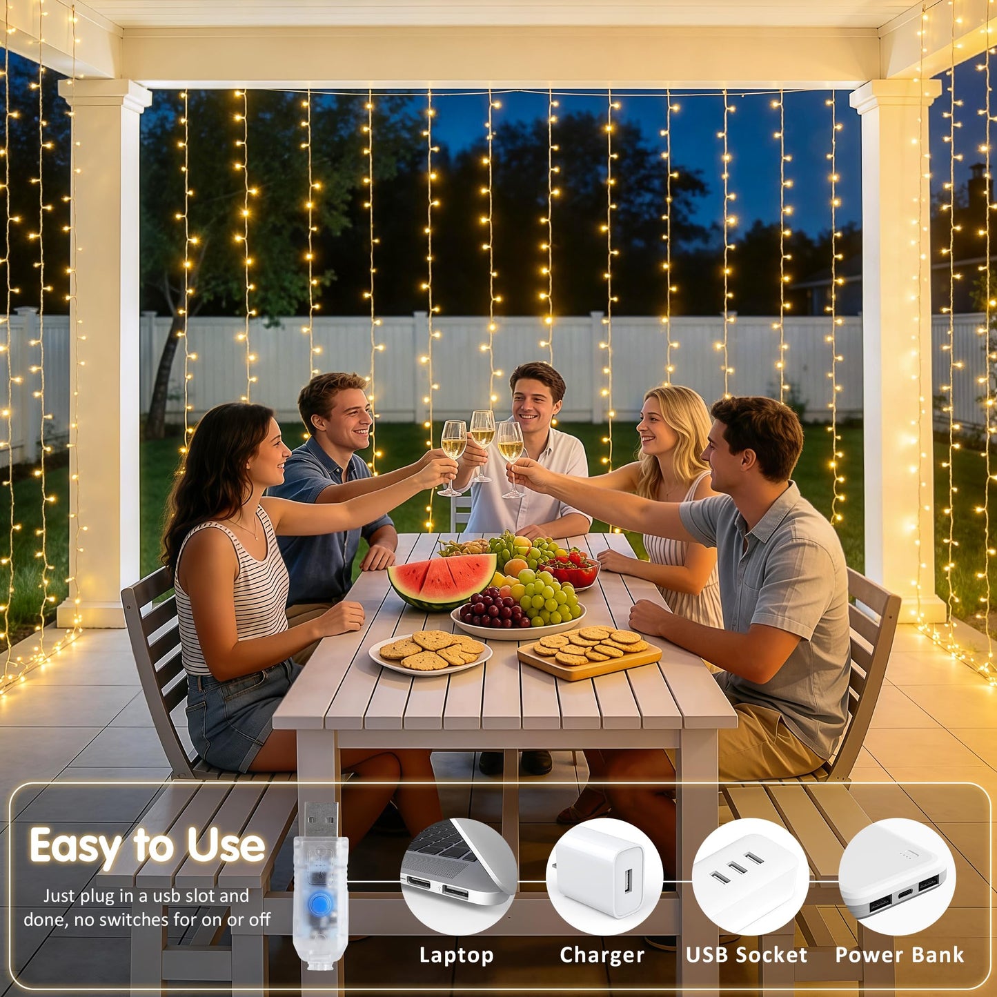 JMEXSUSS 200 LED Curtain Lights for Bedroom, Warm White Curtain Fairy Lights for Backdrop Indoor, USB Hanging String Lights with Remote for Wall Backdrop Wedding Party Decor, 6.5ftx6.5ft