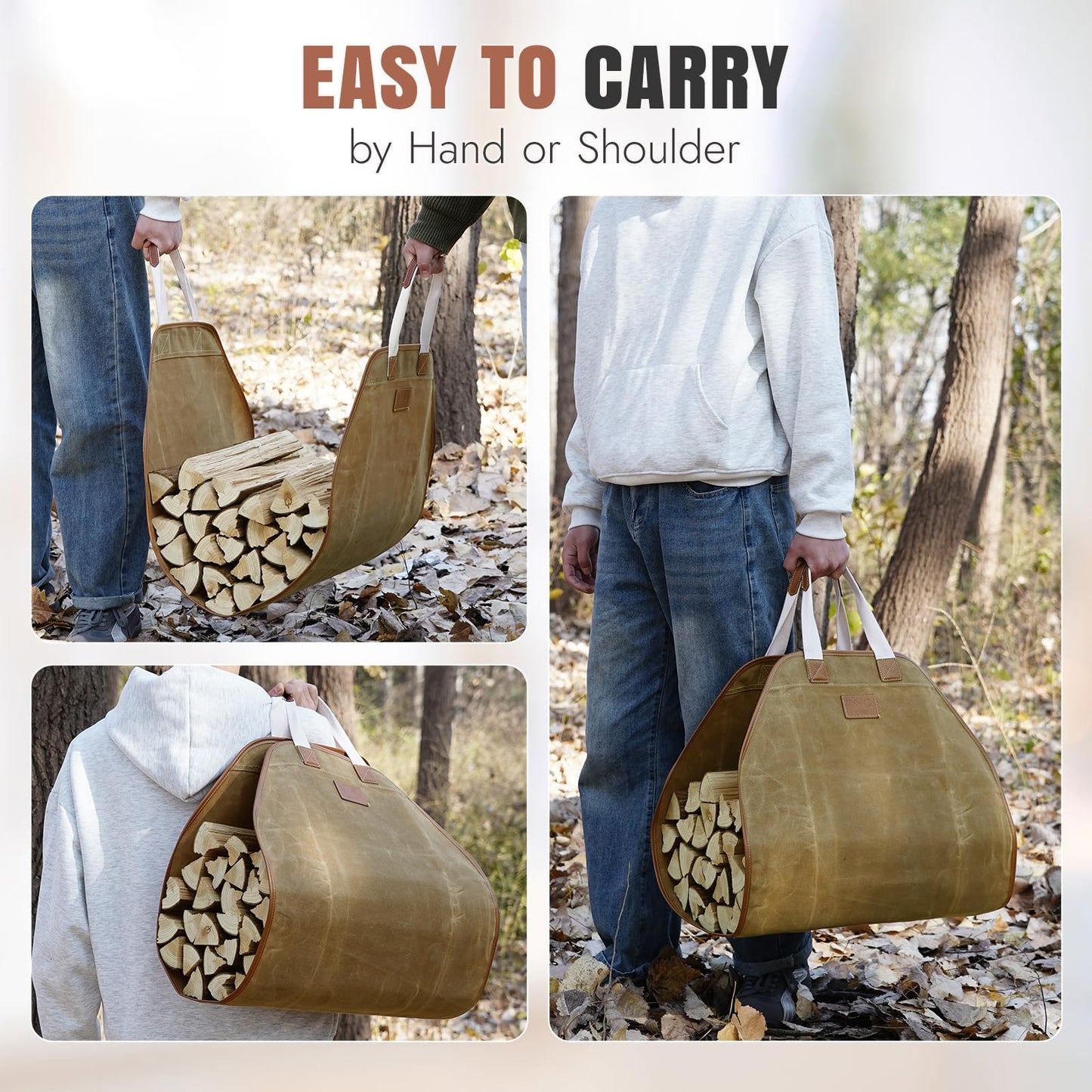INNO STAGE Canvas Log Carrier Bag,Durable Wood Tote,Fireplace Stove Accessories,Extra Large Firewood Holder with Handles for Camping (44" L x 21" W-Khaki)