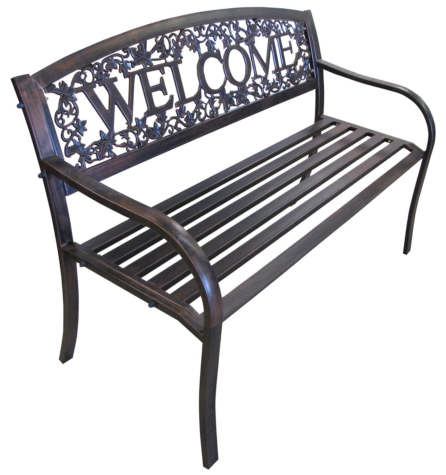 Leigh Country Metal Outdoor Bench, Welcome Design, Decorative Patio Seating for Porch/Deck