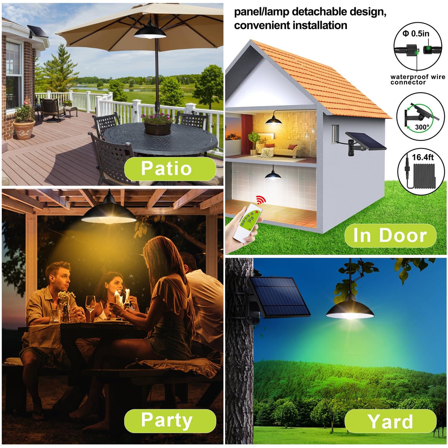 intelamp Solar Pendant Lights Indoor Outdoor, 4000mAh Gazebo Shed Chandeliers with Remote All Day/Night Mode 16.4Ft Hanging Warm White Lighting for Outside Barns Chicken Coop
